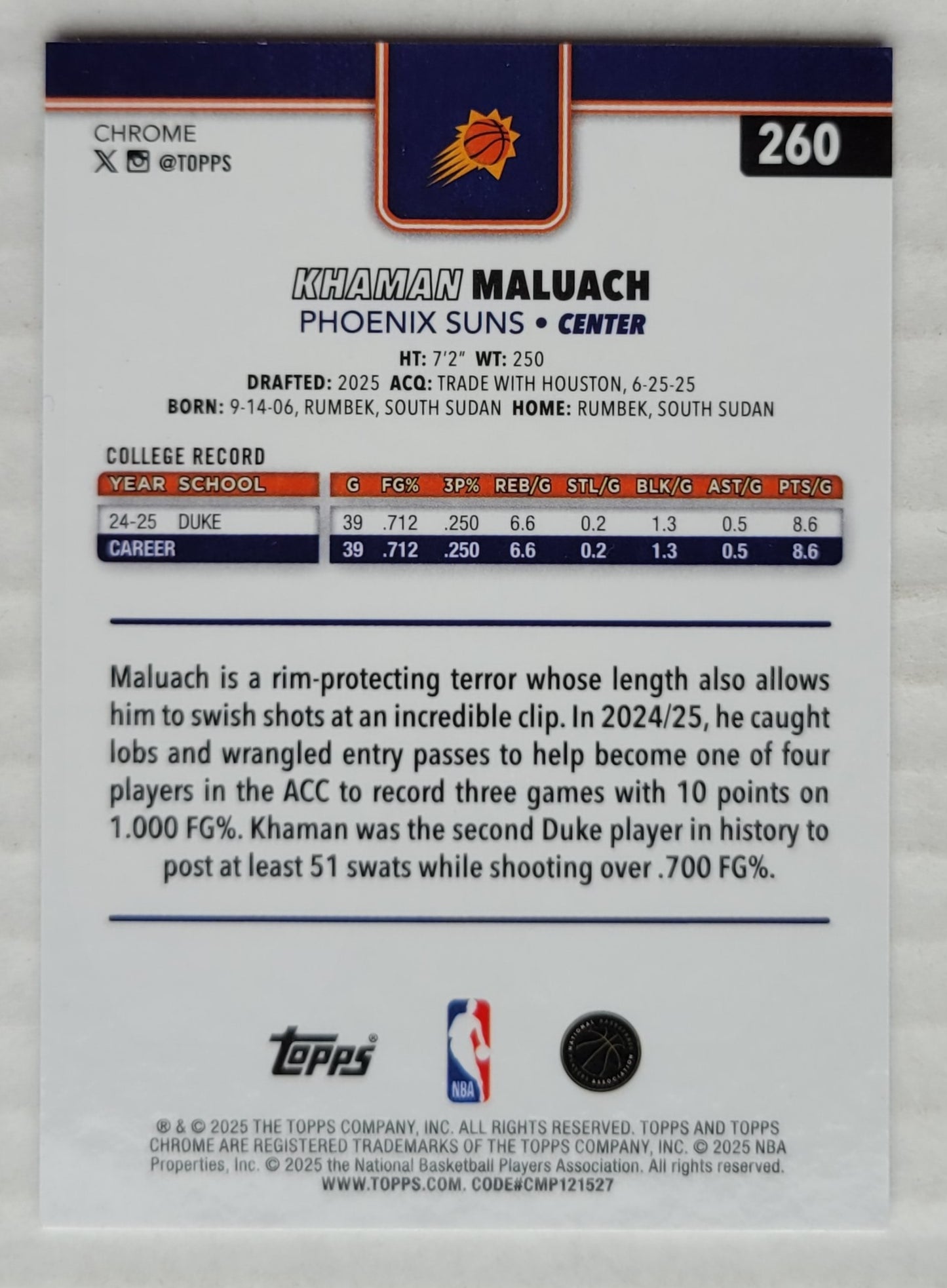 Khaman Maluach - 2025-26 Topps Chrome Pulsar Refractors #260 RC