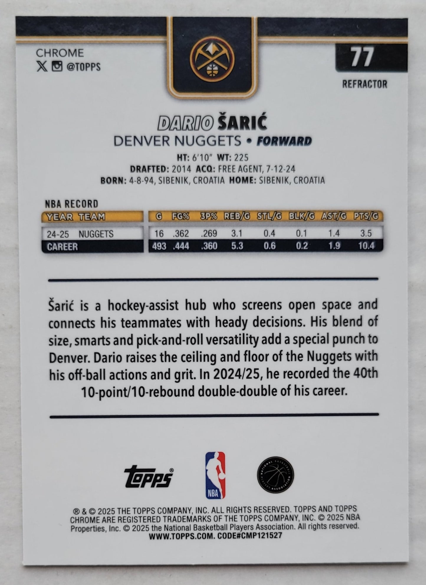 Dario Saric - 2025-26 Topps Chrome Refractors #77