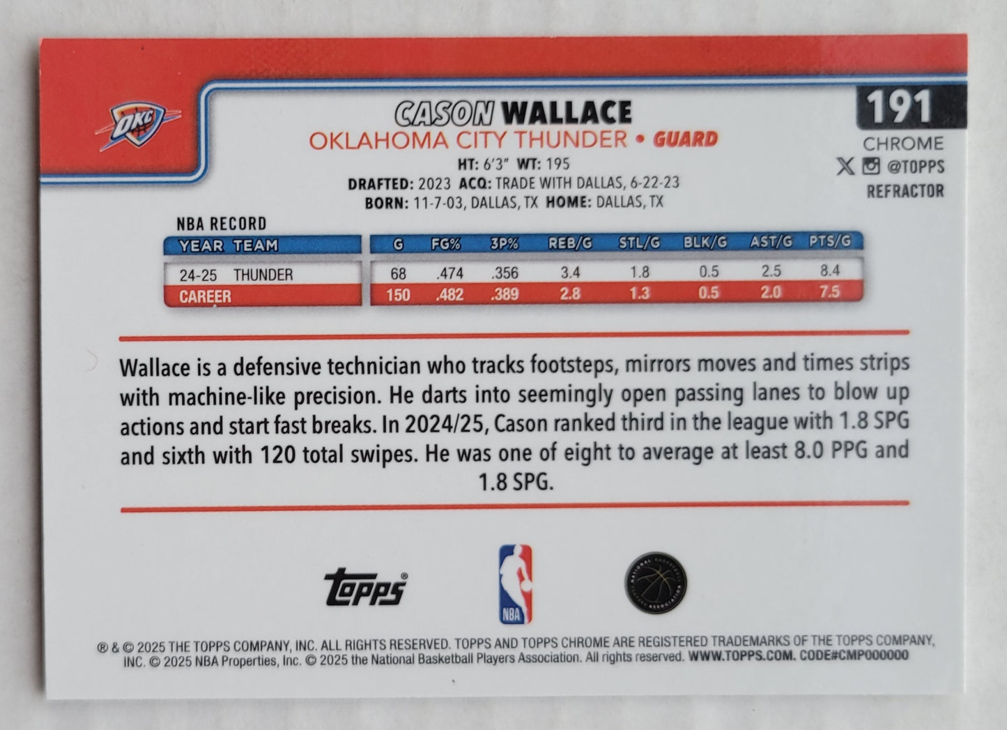 Cason Wallace - 2025-26 Topps Chrome Refractors #191