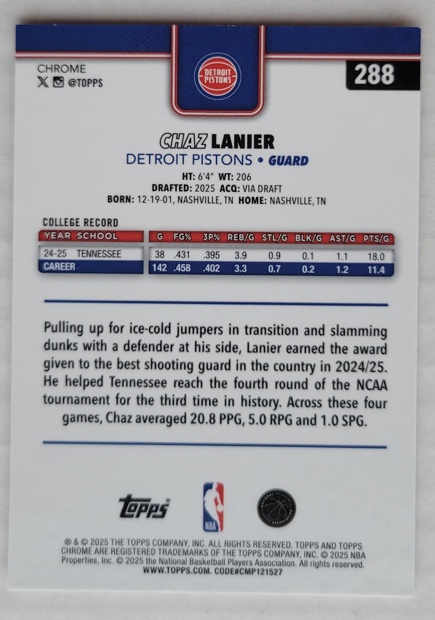 Chaz Lanier - 2025-26 Topps Chrome #288 RC
