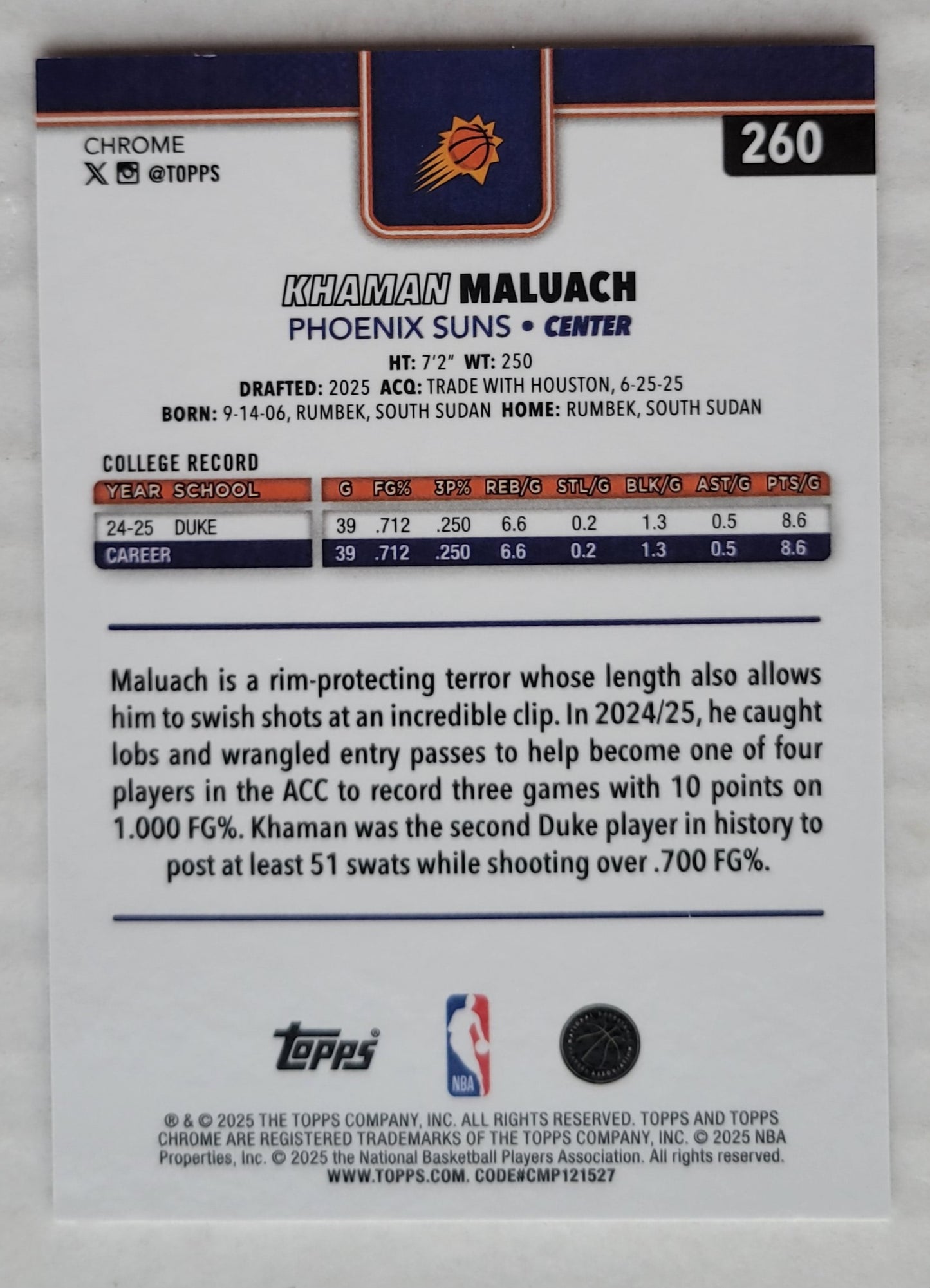 Khaman Maluach - 2025-26 Topps Chrome #260 RC