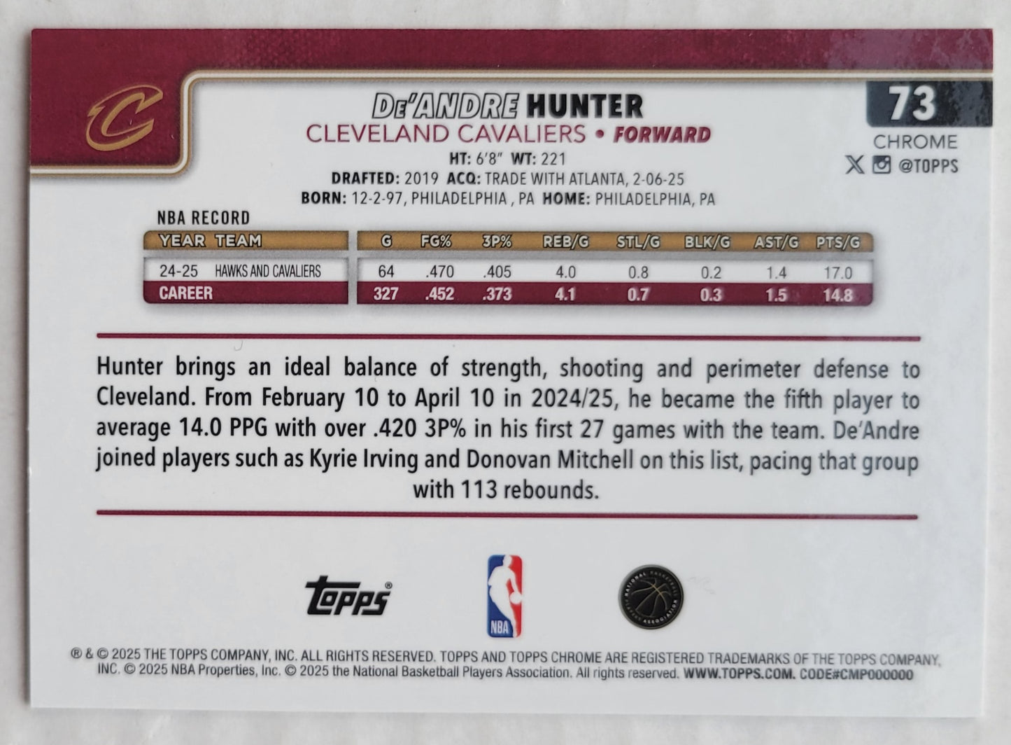 De'Andre Hunter - 2025-26 Topps Chrome Pulsar Refractors #73