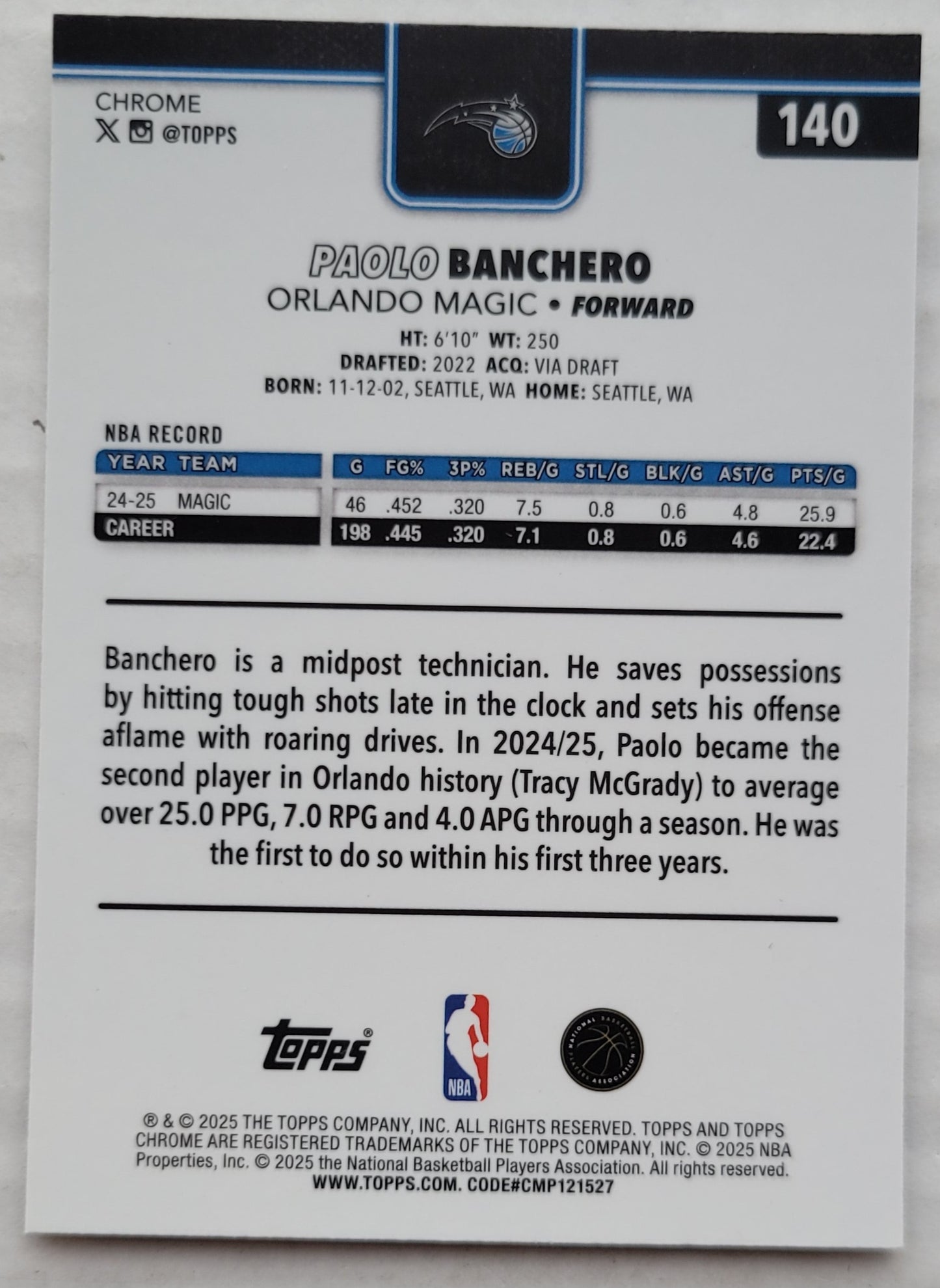 Paolo Banchero - 2025-26 Topps Chrome #140