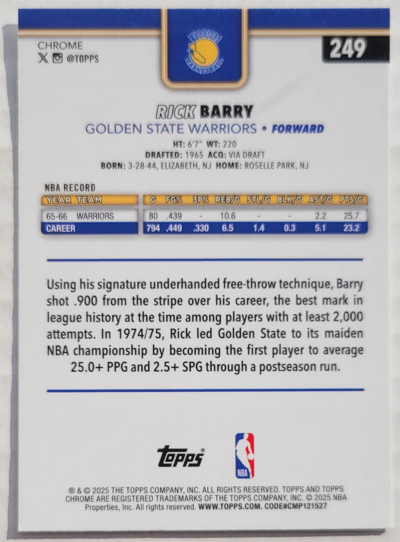 Rick Barry - 2025-26 Topps Chrome #249