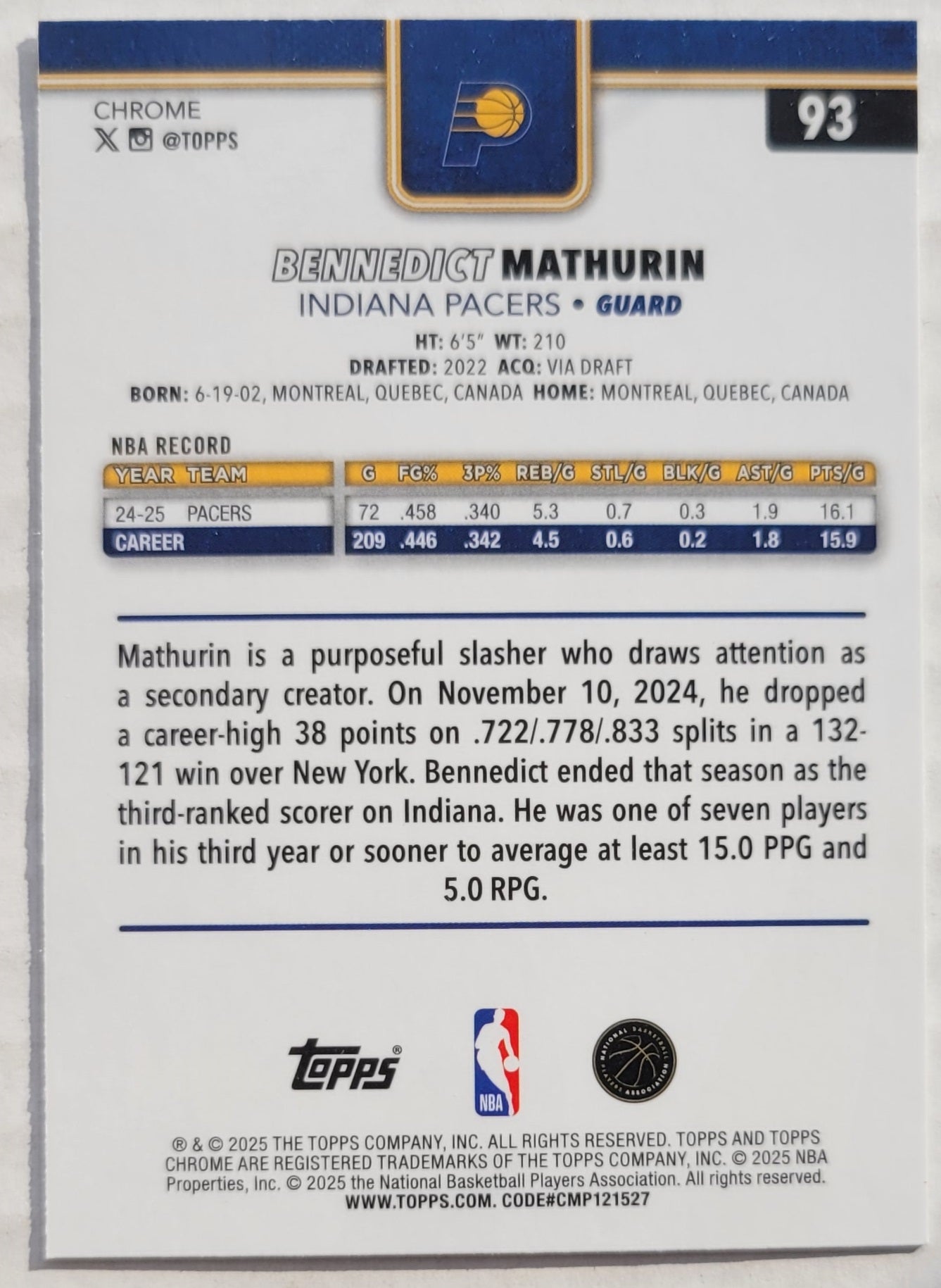 Bennedict Mathurin - 2025-26 Topps Chrome #93