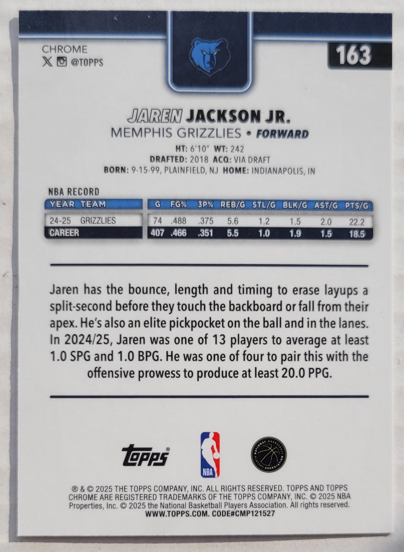 Jaren Jackson Jr. - 2025-26 Topps Chrome #163