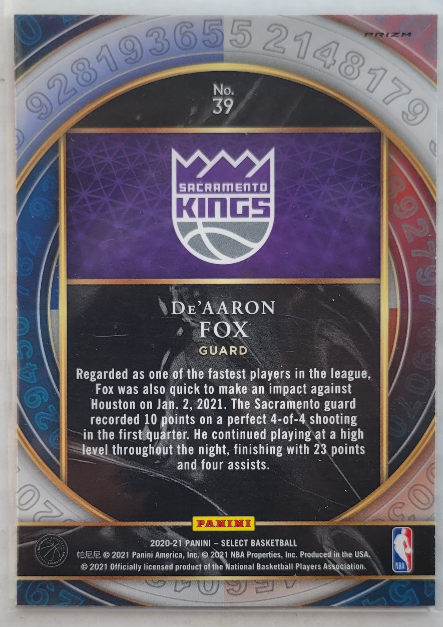 De'Aaron Fox - 2020-21 Select Numbers Prizms Blue #39