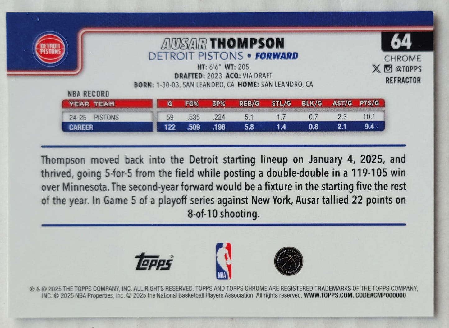 Ausar Thompson - 2025-26 Topps Chrome Refractors #64