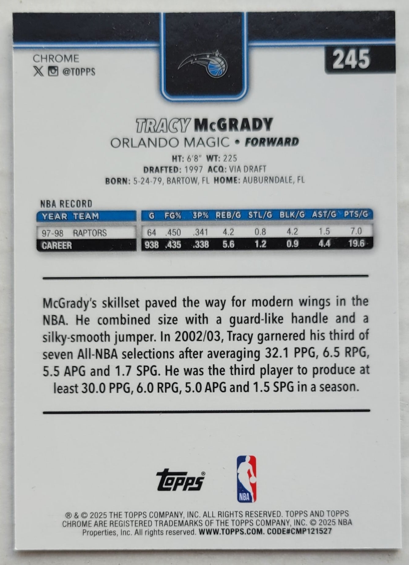 Tracy McGrady - 2025-26 Topps Chrome #245