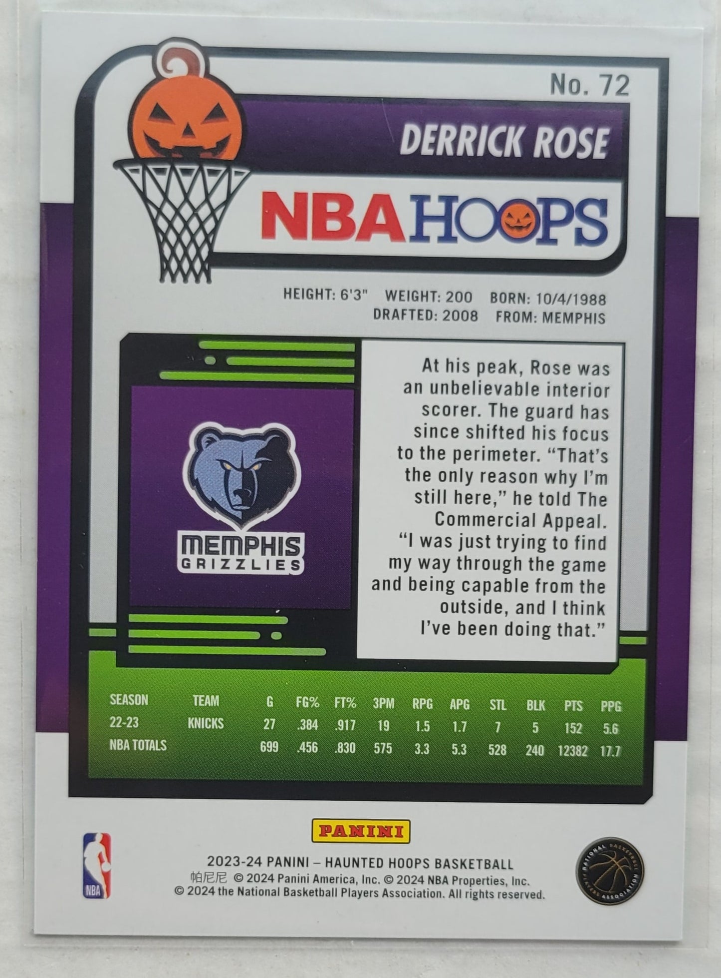 Derrick Rose - 2023-24 Hoops Haunted Hoops Slime #72
