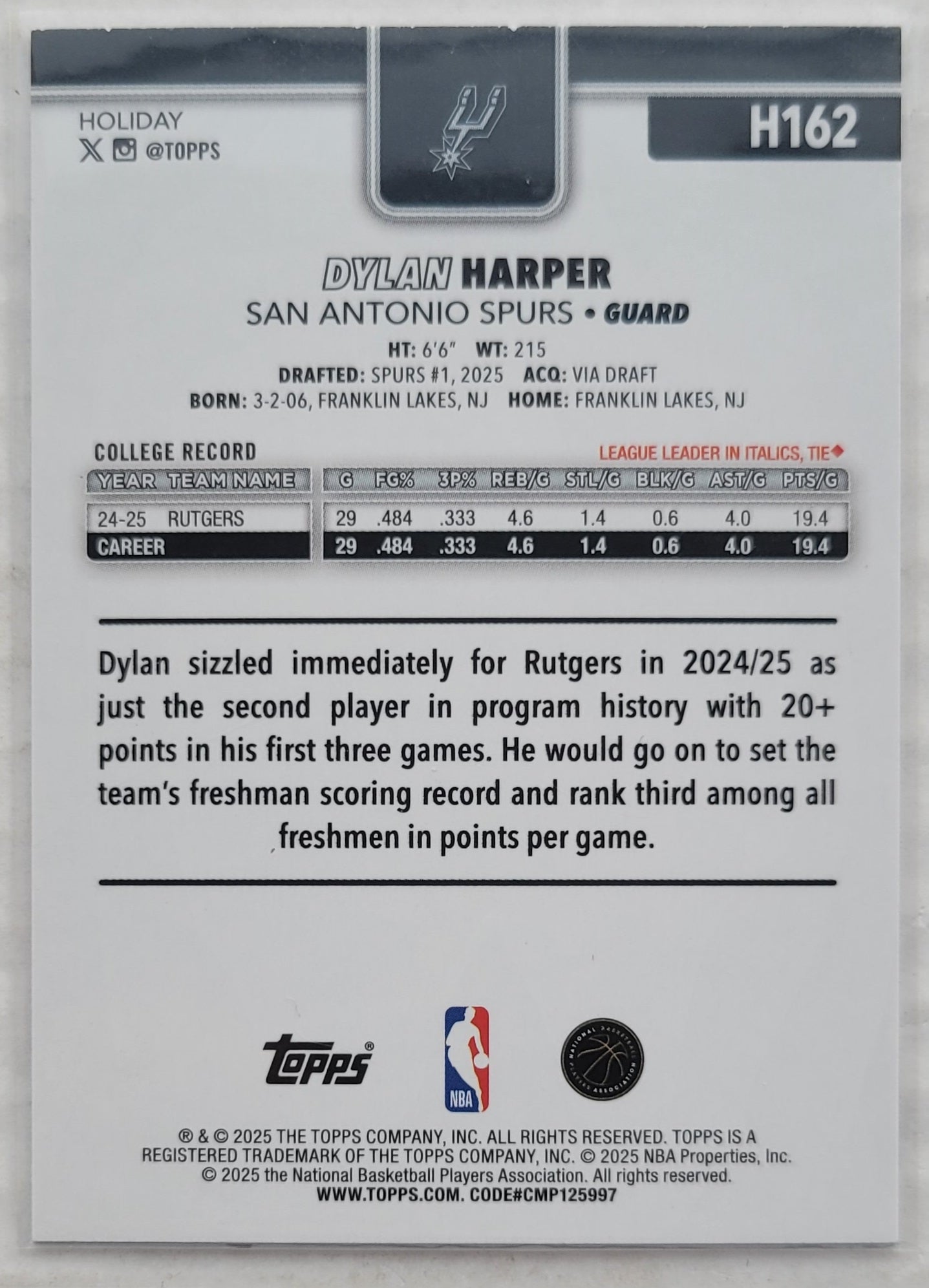 Dylan Harper - 2025-26 Topps Holiday #H162 RC