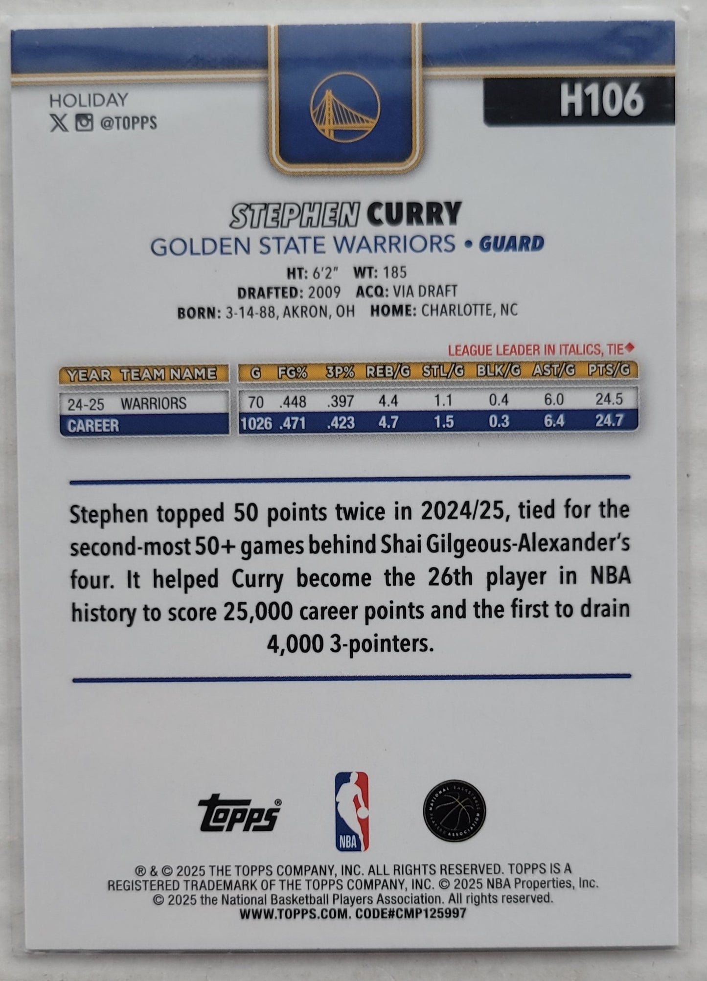 Stephen Curry - 2025-26 Topps Holiday #H106