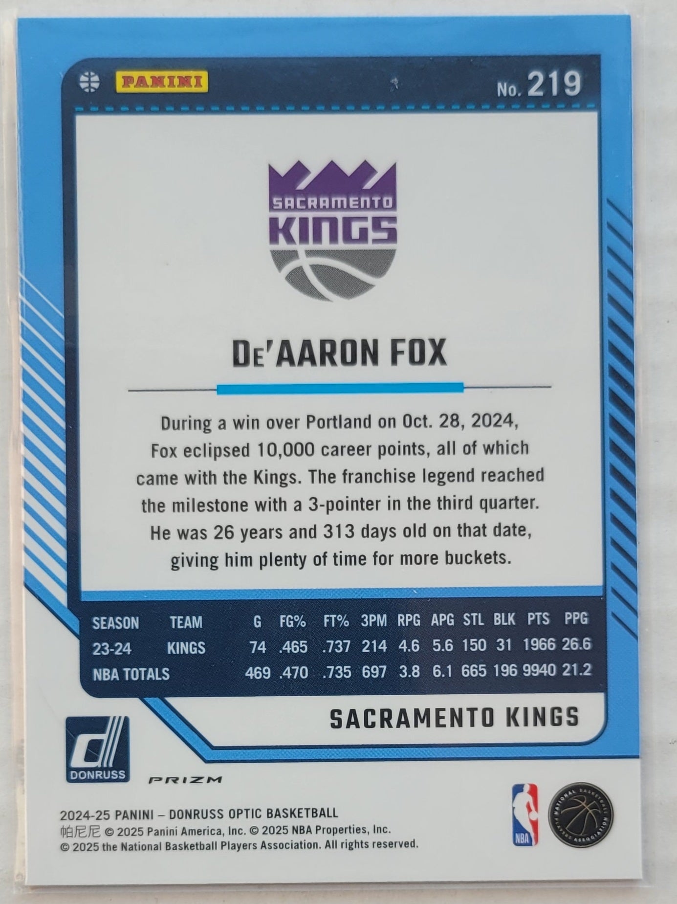 De'Aaron Fox - 2024-25 Donruss Optic Hyper Pink #219