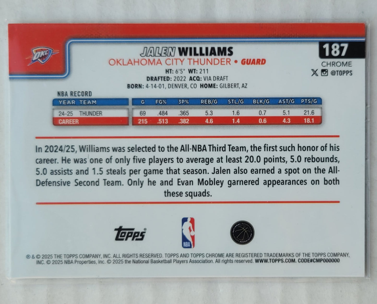 Jalen Williams - 2025-26 Topps Chrome Prism Refractors #187
