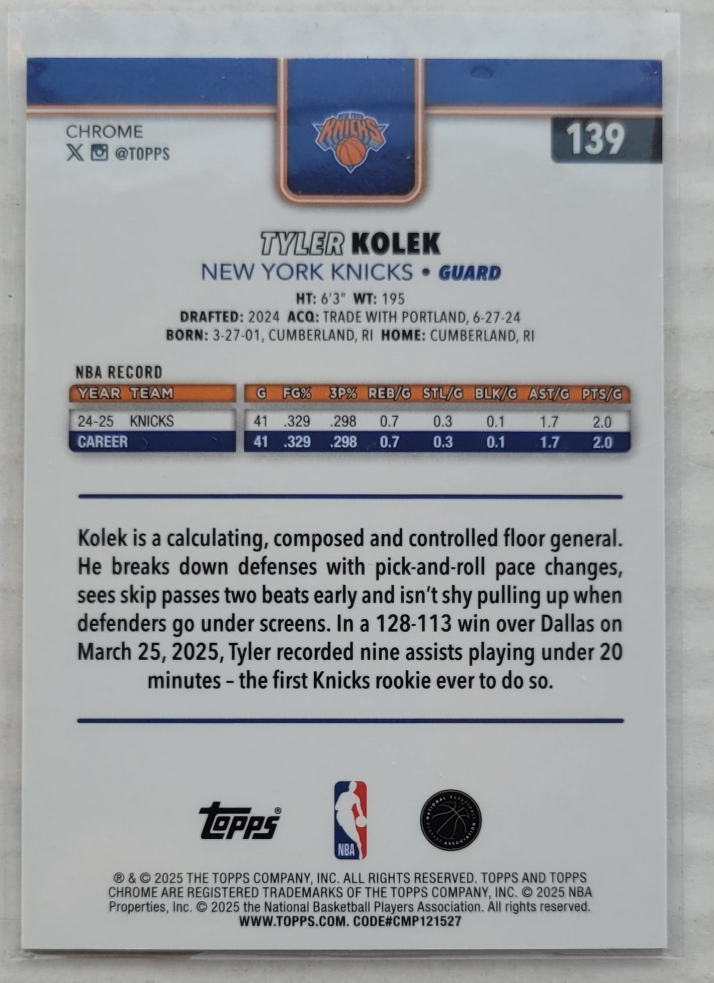 Tyler Kolek - 2025-26 Topps Chrome X-Fractors #139
