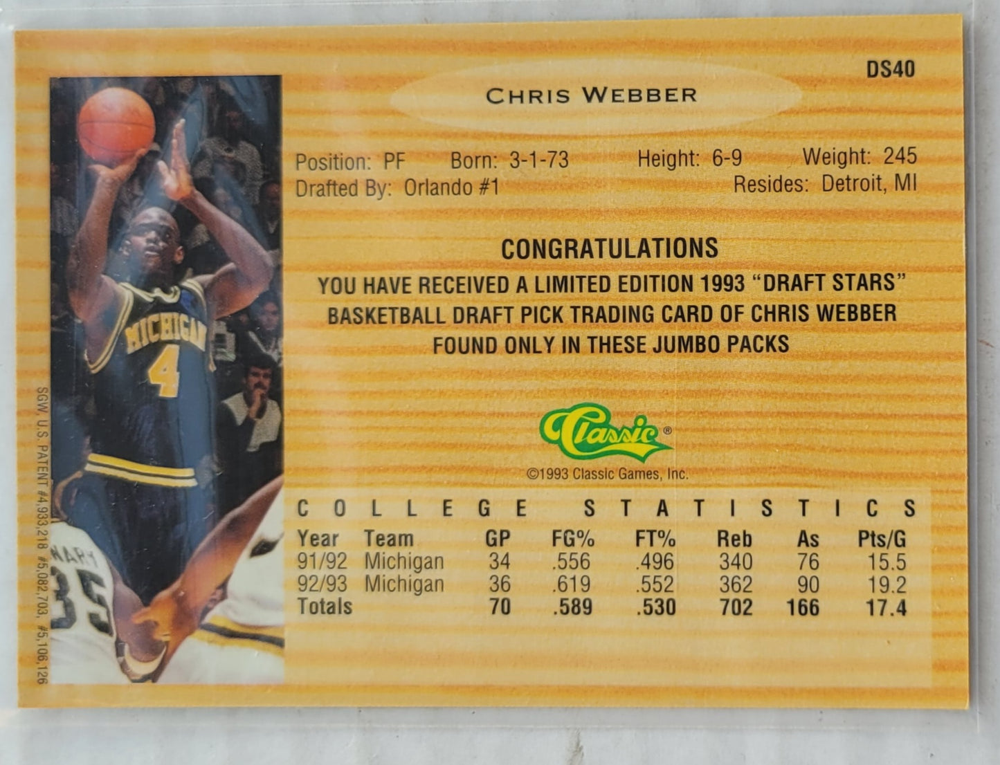 Chris Webber - 1993 Classic Chromium Draft Stars #DS40