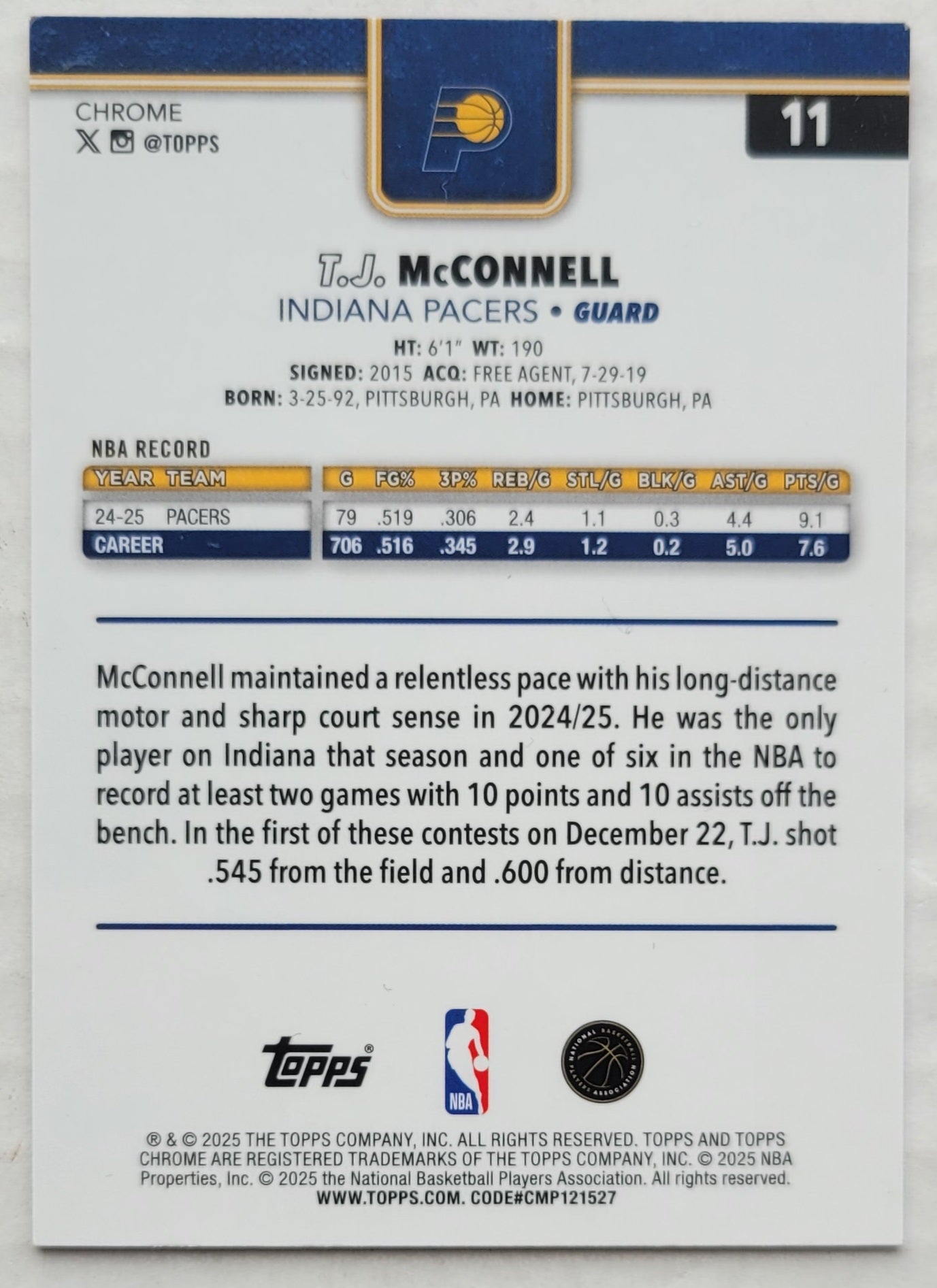 T.J. McConnell - 2025-26 Topps Chrome Red White and Blue Refractors #11