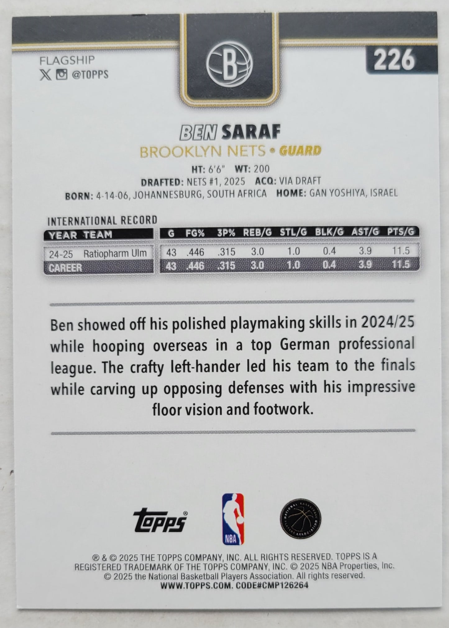 Ben Saraf - 2025-26 Topps Blackout #226 RC