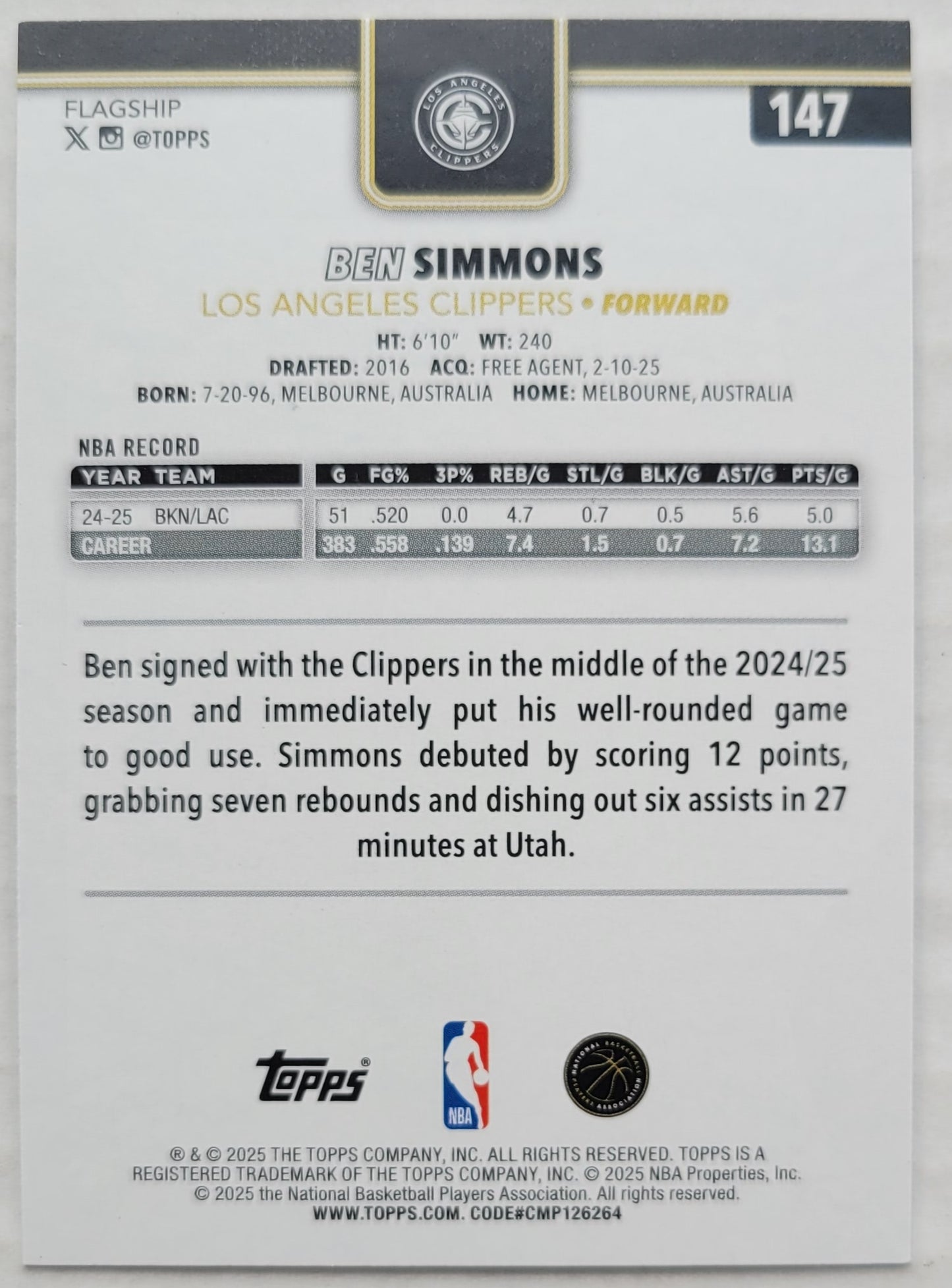 Ben Simmons - 2025-26 Topps Blackout #147