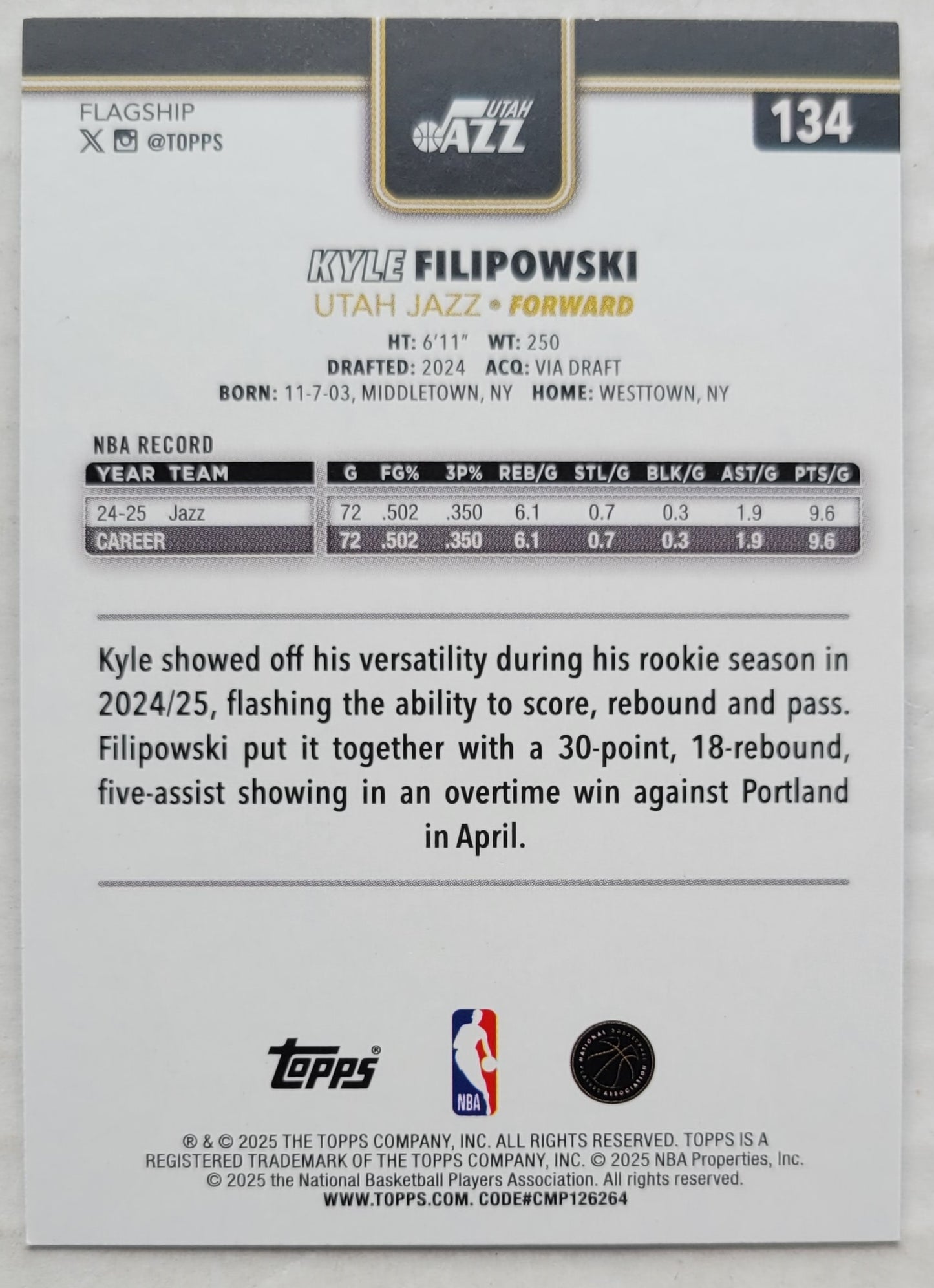 Kyle Filipowski - 2025-26 Topps Blackout #134
