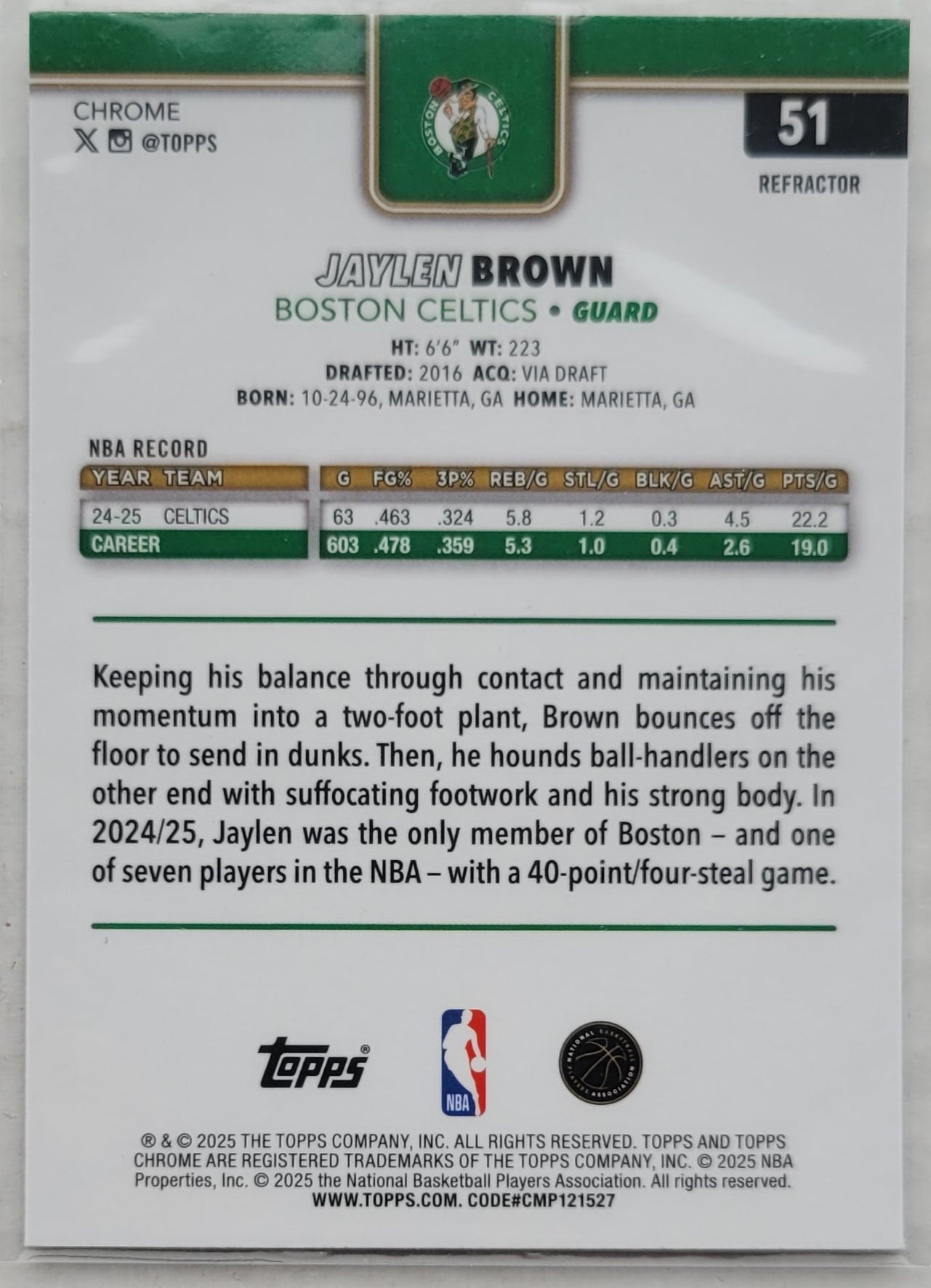 Jaylen Brown - 2025-26 Topps Chrome Refractors #51