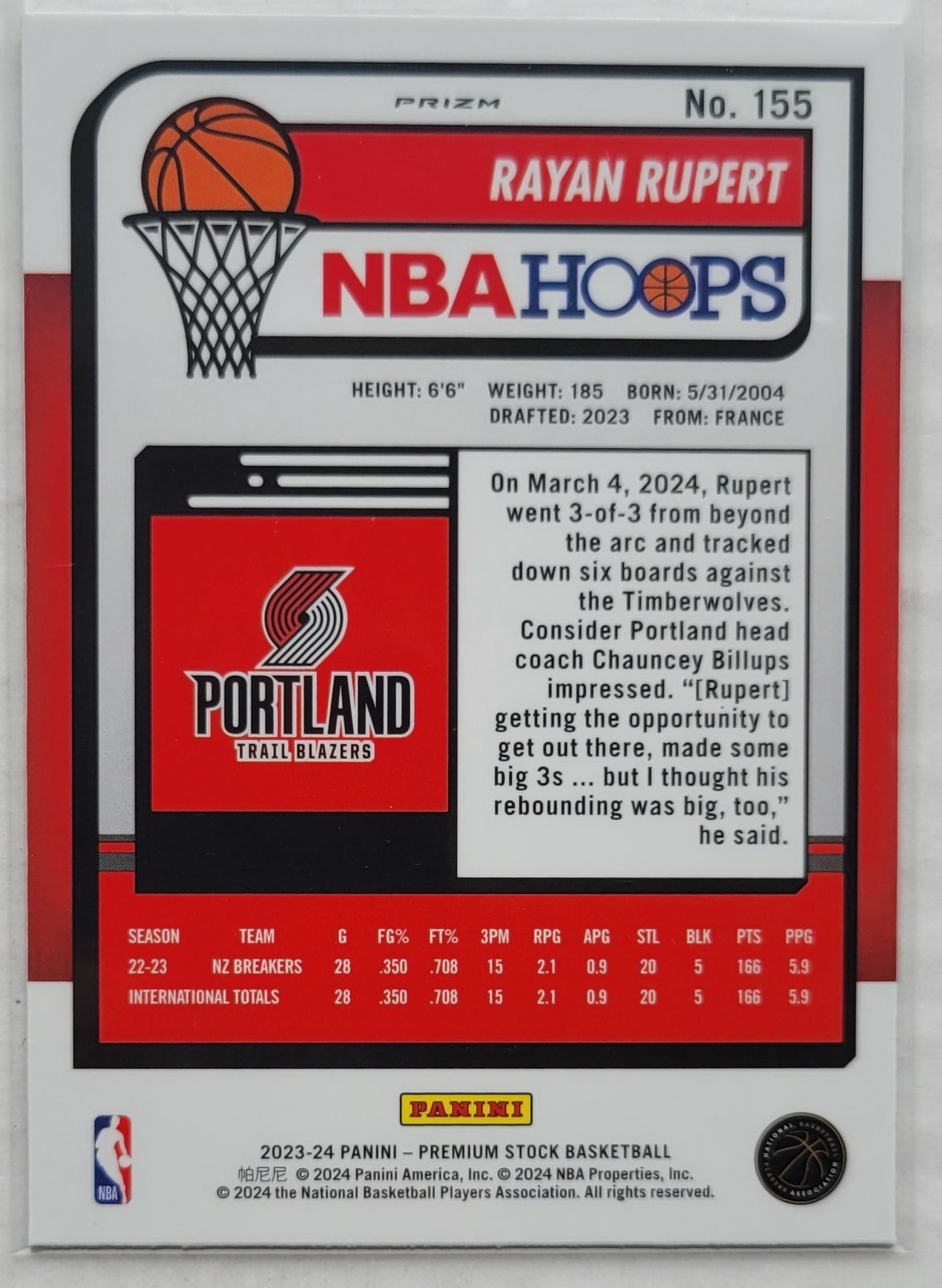 Rayan Rupert - 2023-24 Hoops Premium Stock Ice Prizm #155 RC