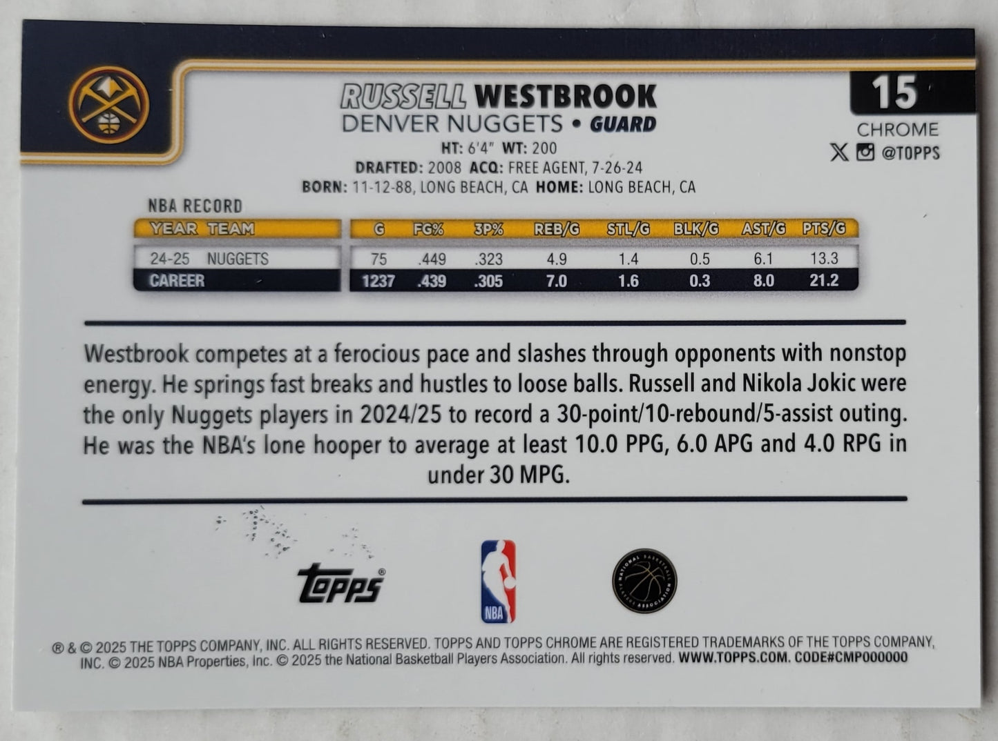 Russell Westbrook - 2025-26 Topps Chrome #15