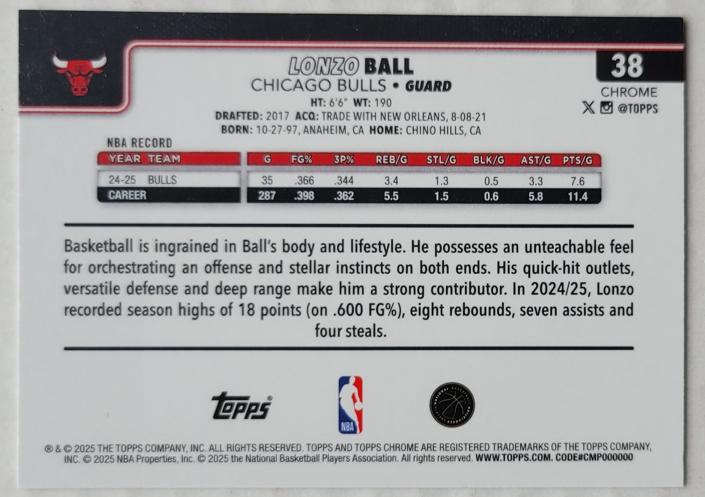 Lonzo Ball - 2025-26 Topps Chrome X-Fractors #38