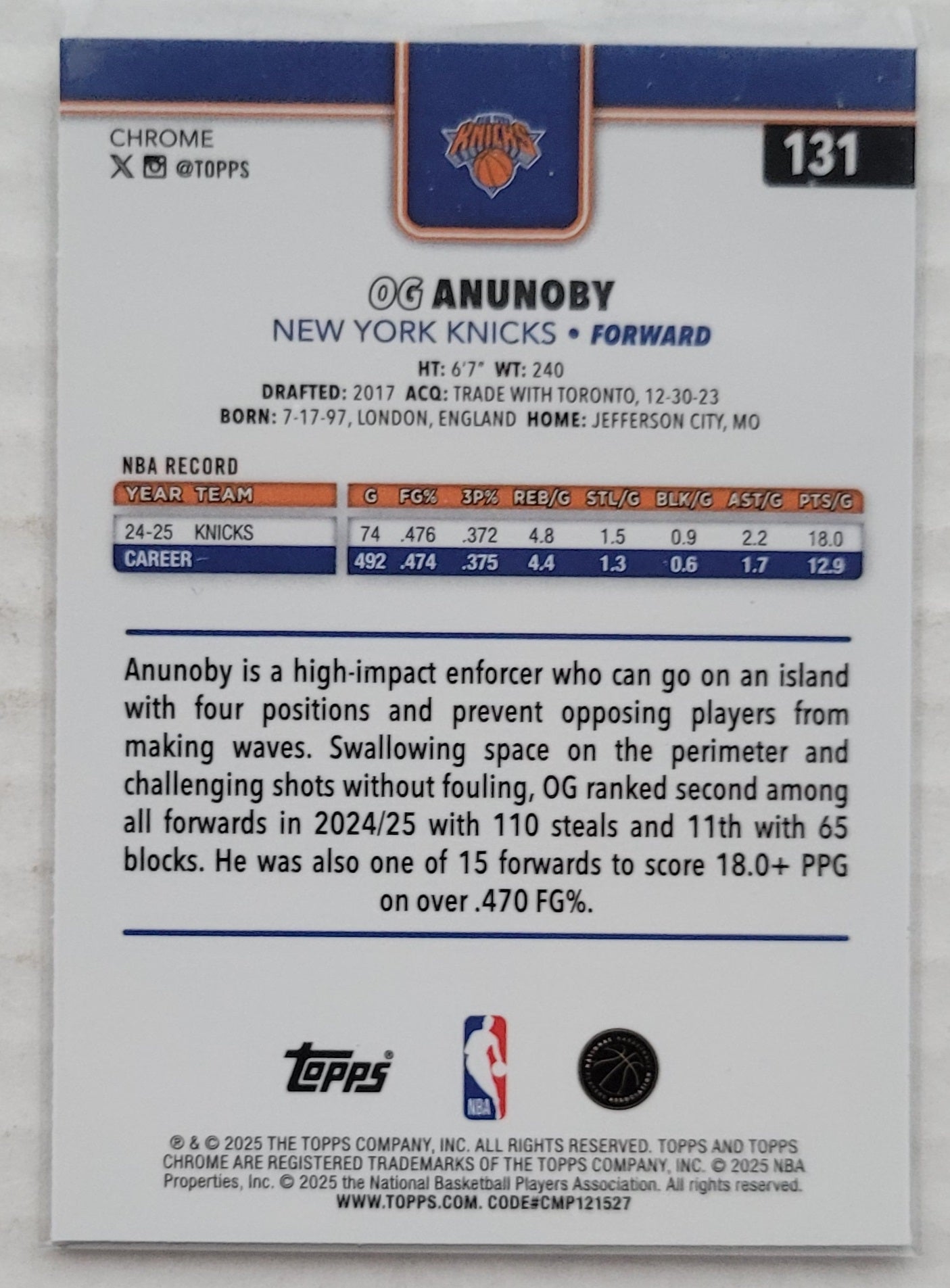 OG Anunoby - 2025-26 Topps Chrome X-Fractors #131