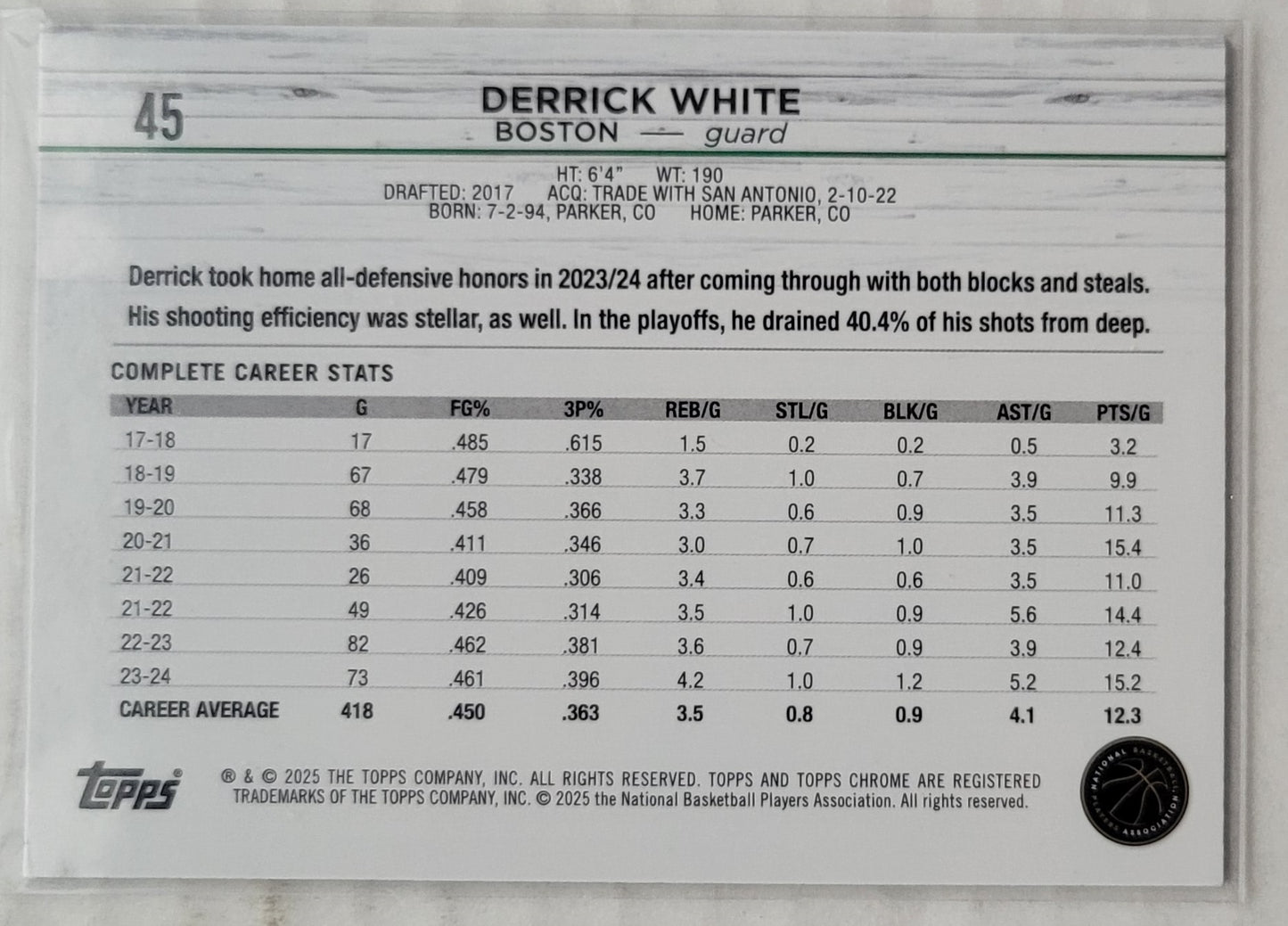Derrick White - 2024-25 Topps Chrome Topps Green Refractors #45