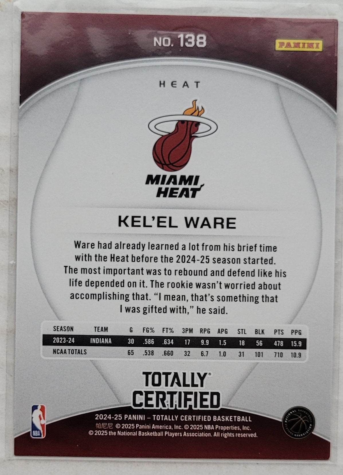 Kel'el Ware - 2024-25 Totally Certified Mirror Maroon #138 RC