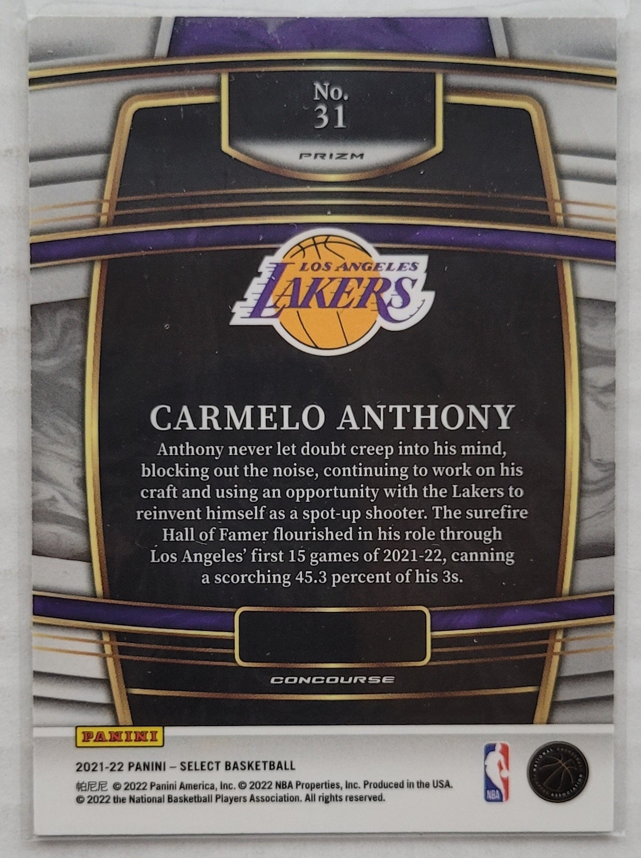 Carmelo Anthony - 2021-22 Select Prizms Green White Purple #31