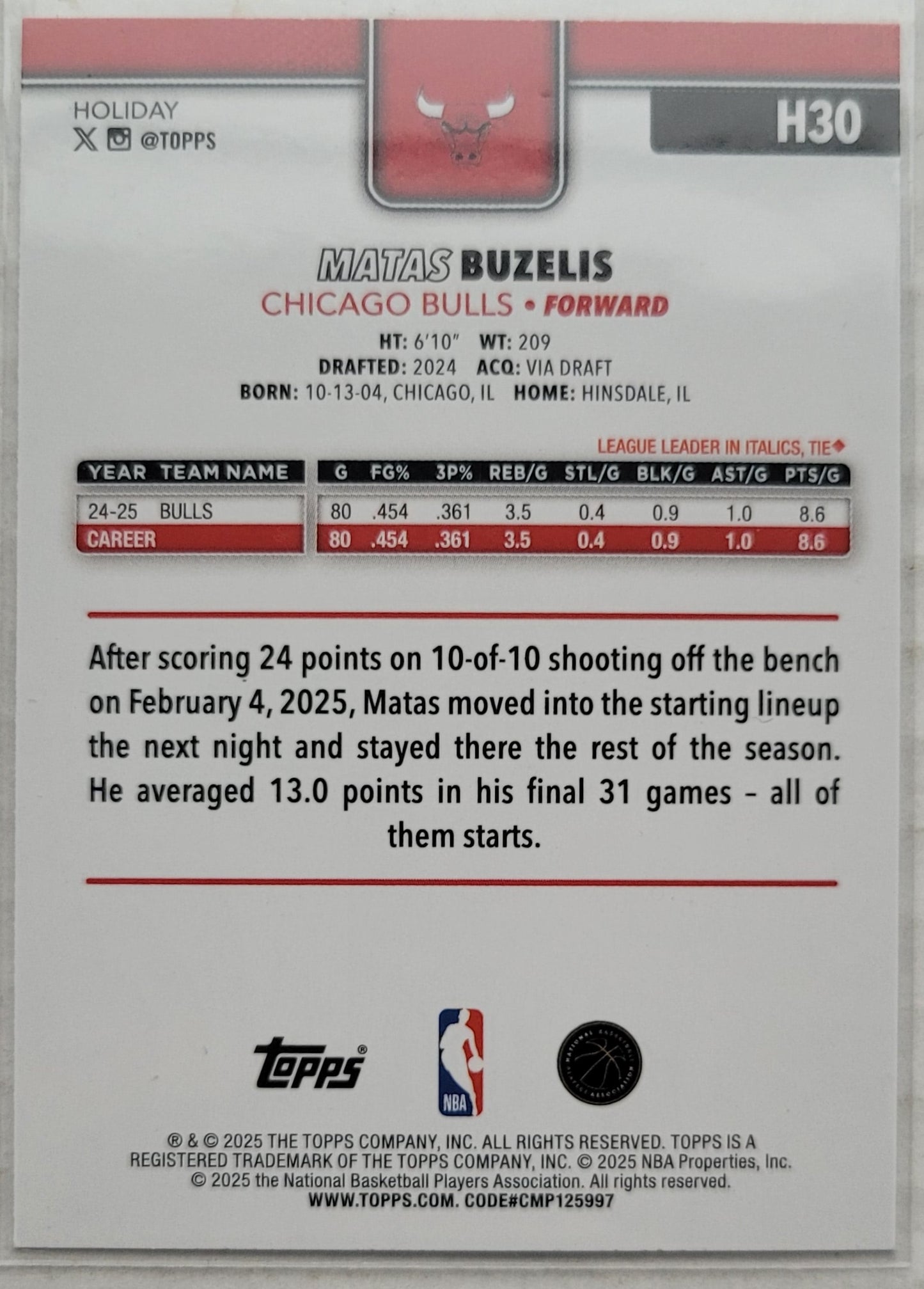 Matas Buzelis - 2025-26 Topps Holiday Plaid #H30