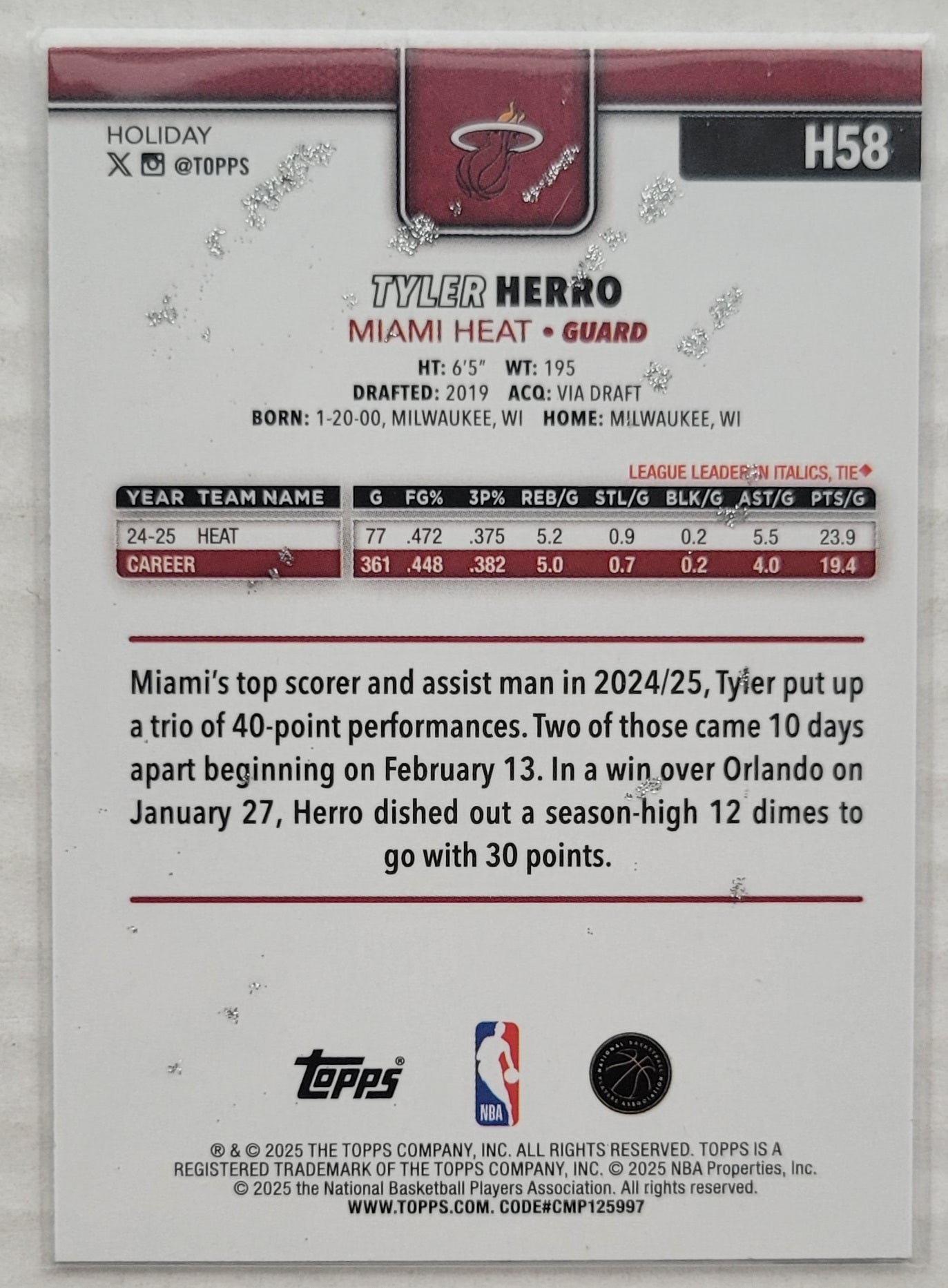 Tyler Herro - 2025-26 Topps Holiday Glitter Holiday #H58