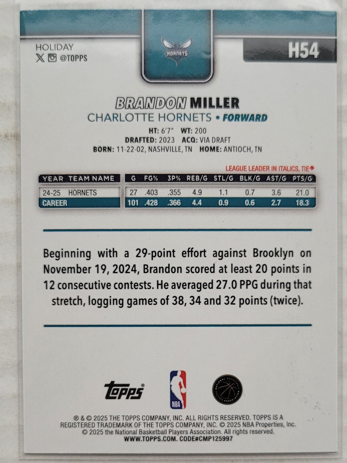 Brandon Miller - 2025-26 Topps Holiday Blue Metallic Glitter Holiday #H54
