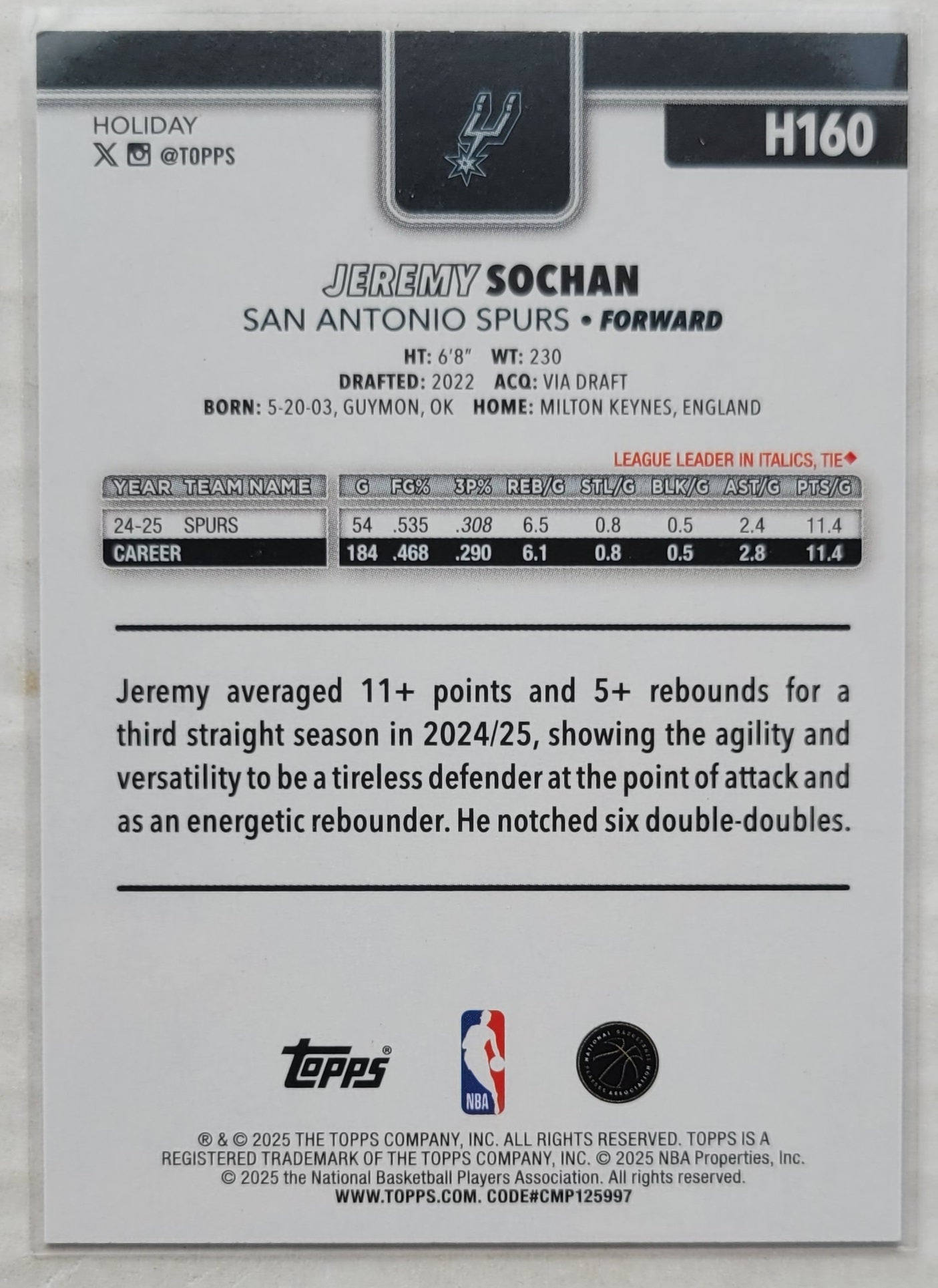 Jeremy Sochan - 2025-26 Topps Holiday Glitter Holiday #H160