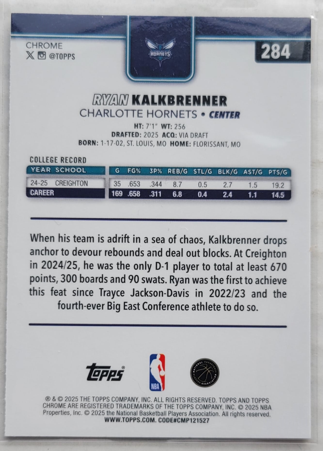 Ryan Kalkbrenner - 2025-26 Topps Chrome Basketball Refractors #284 RC