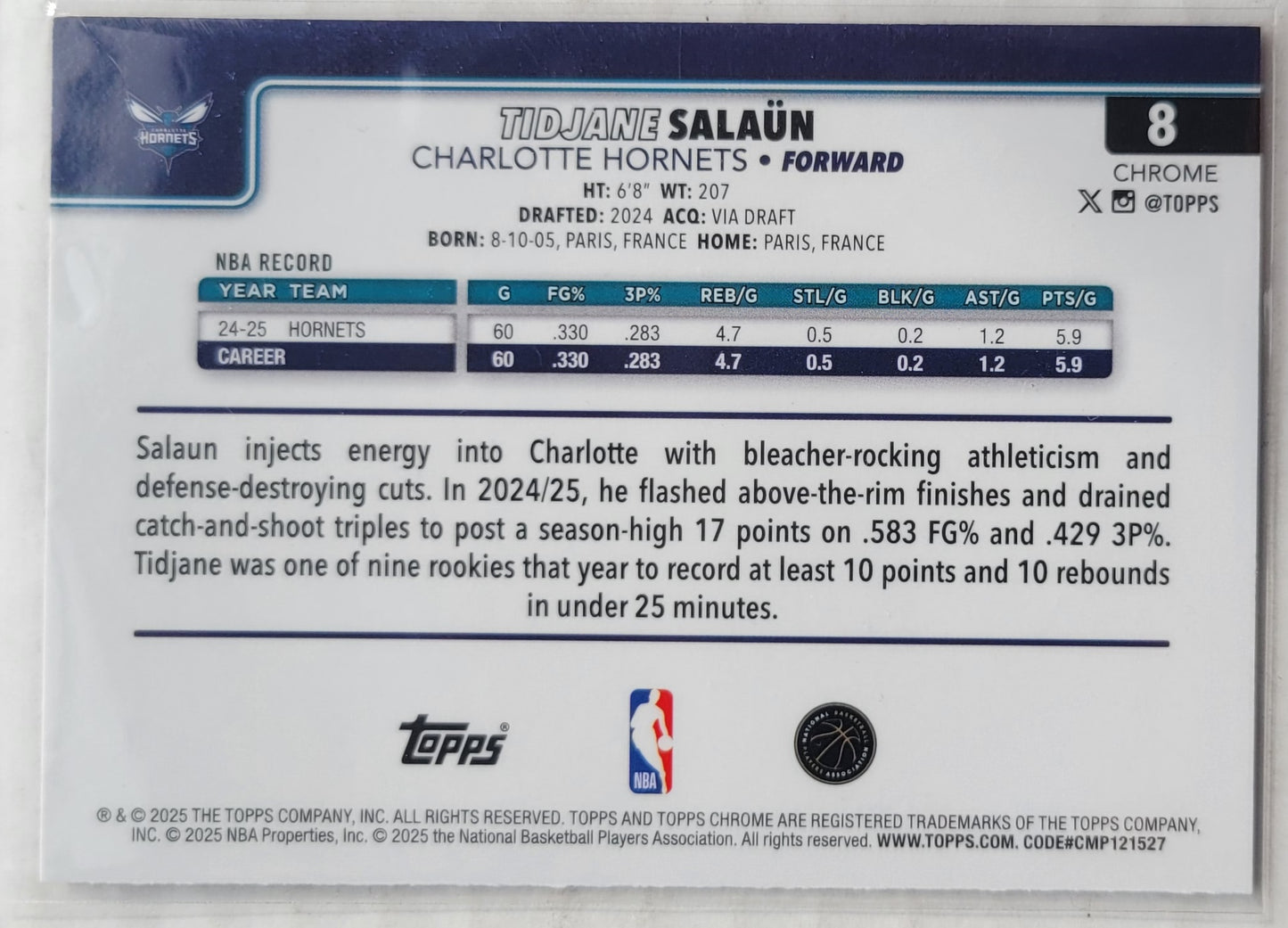 Tidjane Salaun - 2025-26 Topps Chrome Basketball Refractors #8