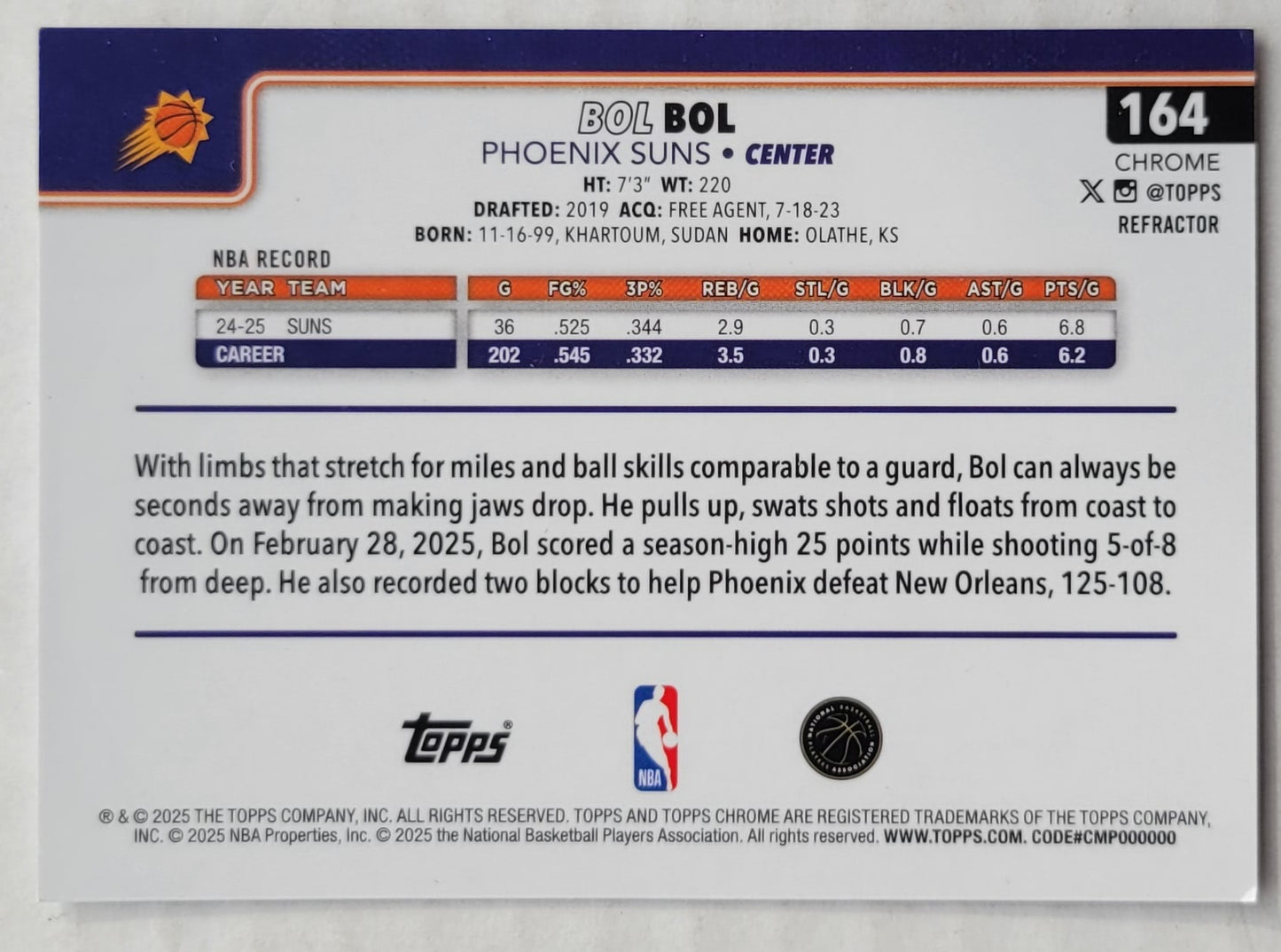 Bol Bol - 2025-26 Topps Chrome Refractors #164
