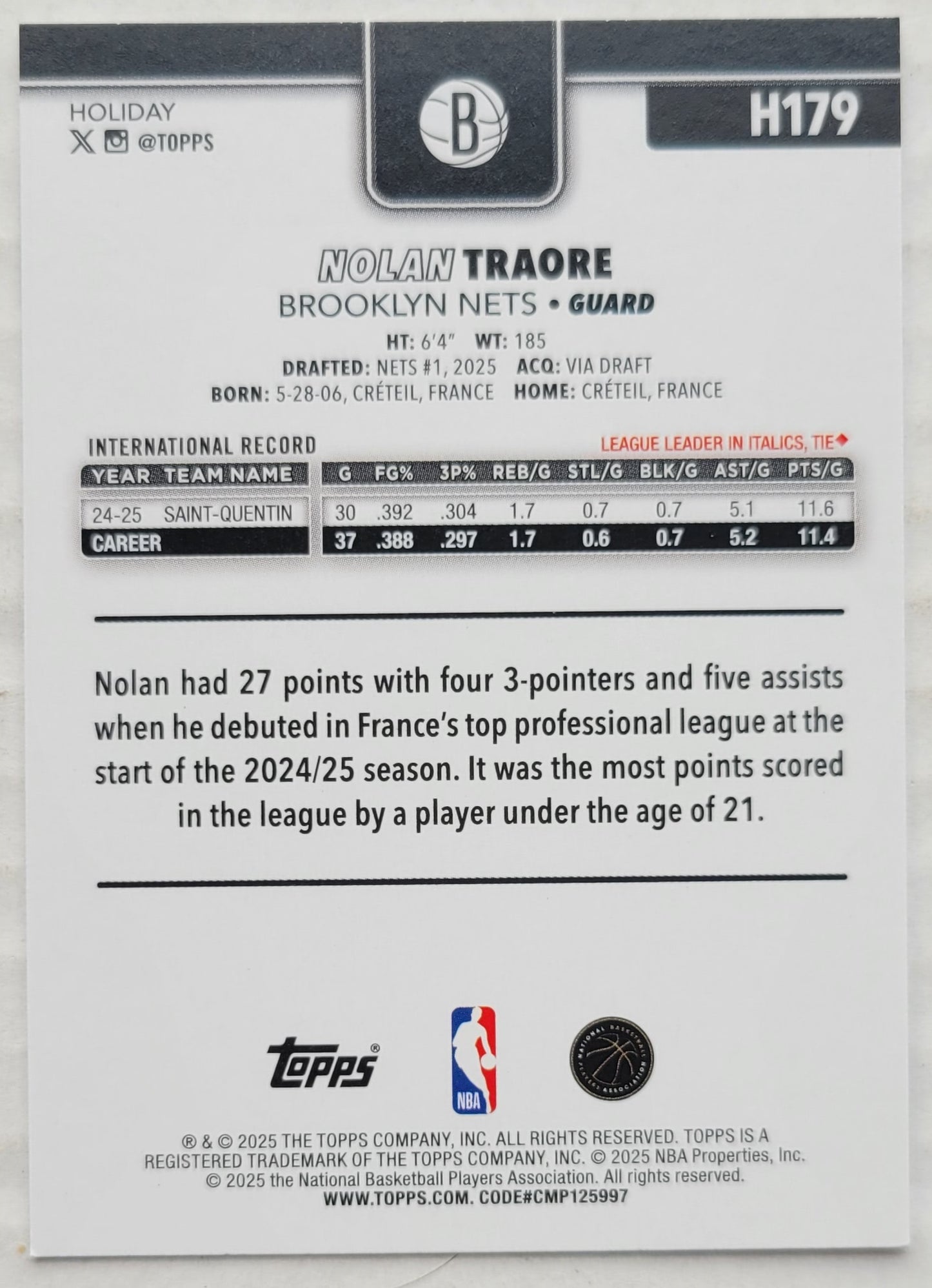Nolan Traore - 2025-26 Topps Holiday #H179 RC