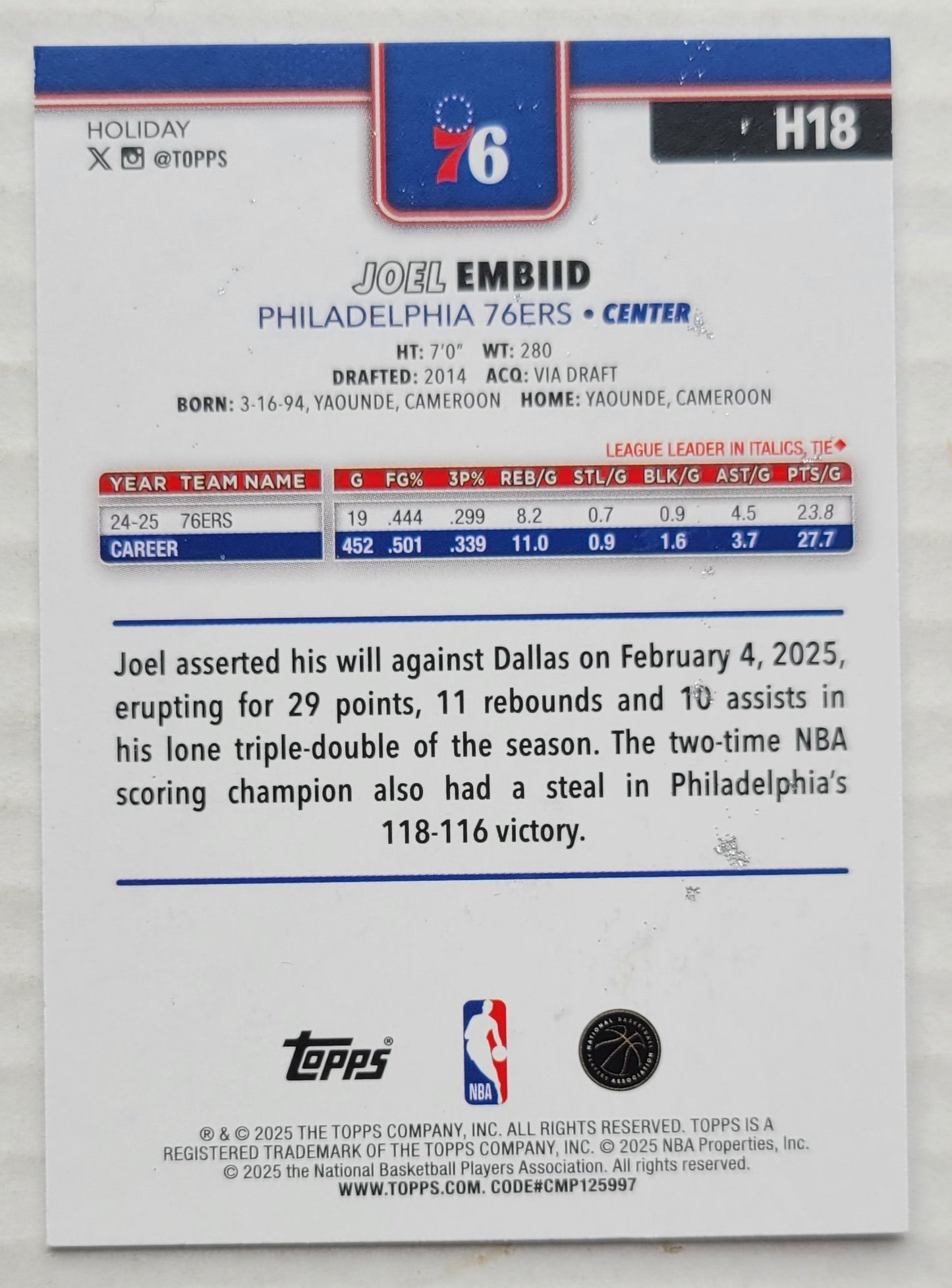 Joel Embiid - 2025-26 Topps Holiday Glitter Holiday #H18