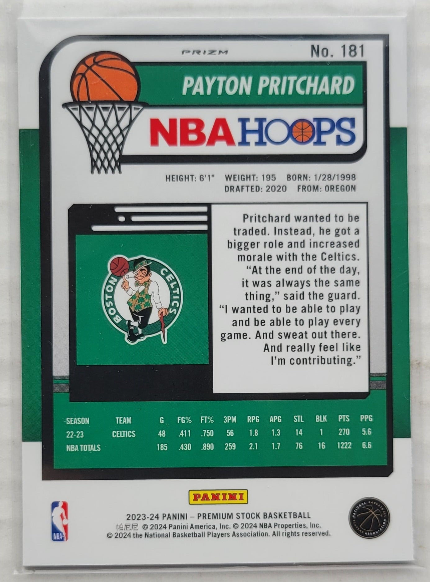 Payton Pritchard - 2023-24 Hoops Premium Stock Silver Prizm #181