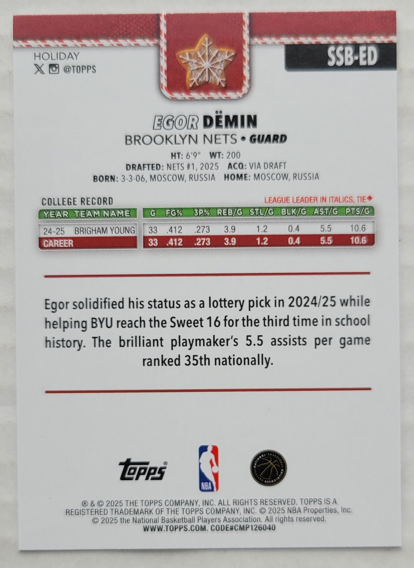 Egor Demin - 2025-26 Topps Holiday Back Variations #SSBED RC