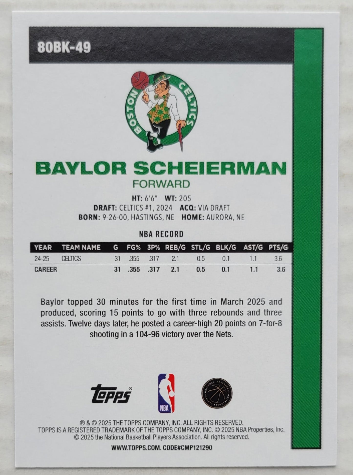 Baylor Scheierman - 2025-26 Topps '80-81 Topps #80BK49