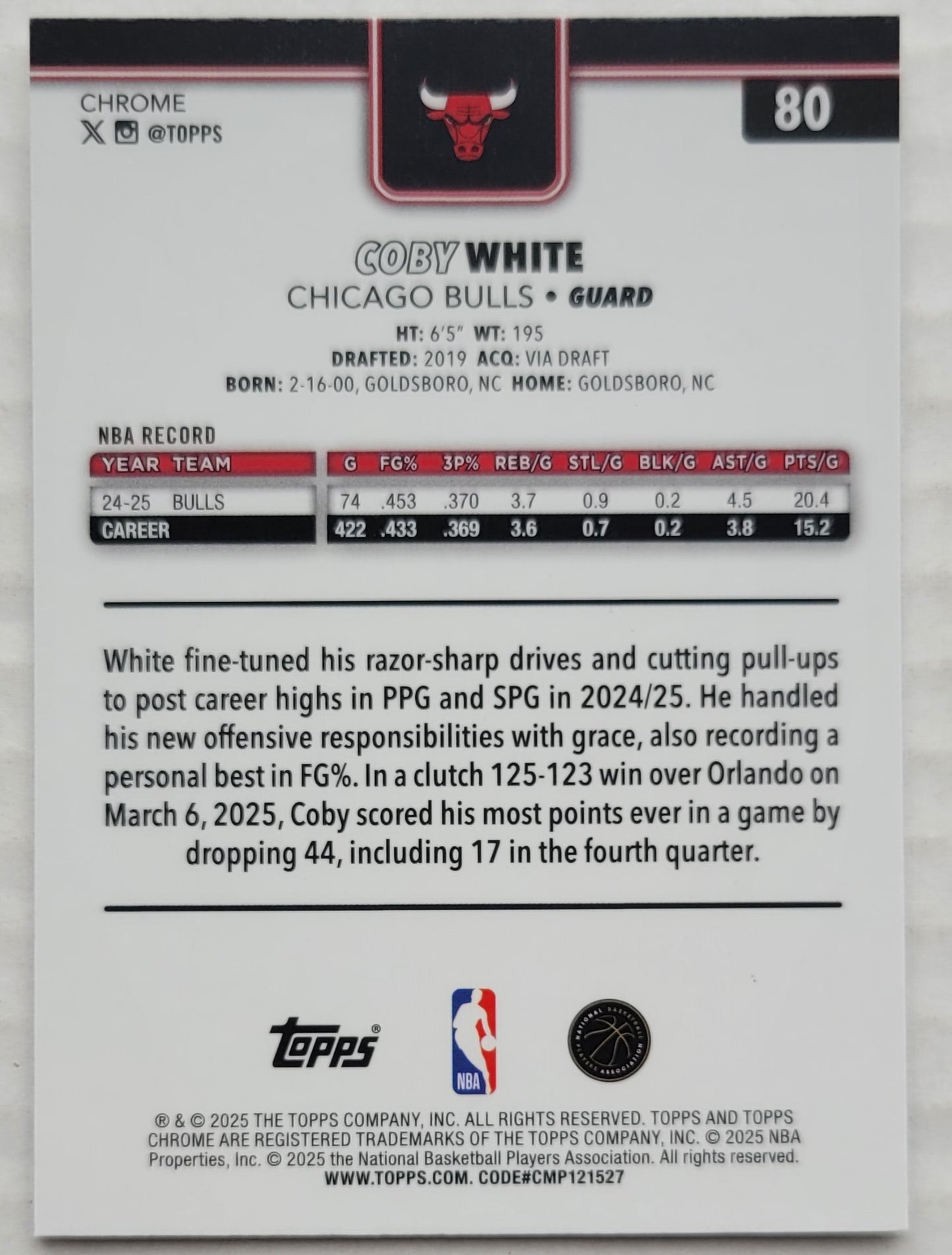 Coby White - 2025-26 Topps Chrome #80