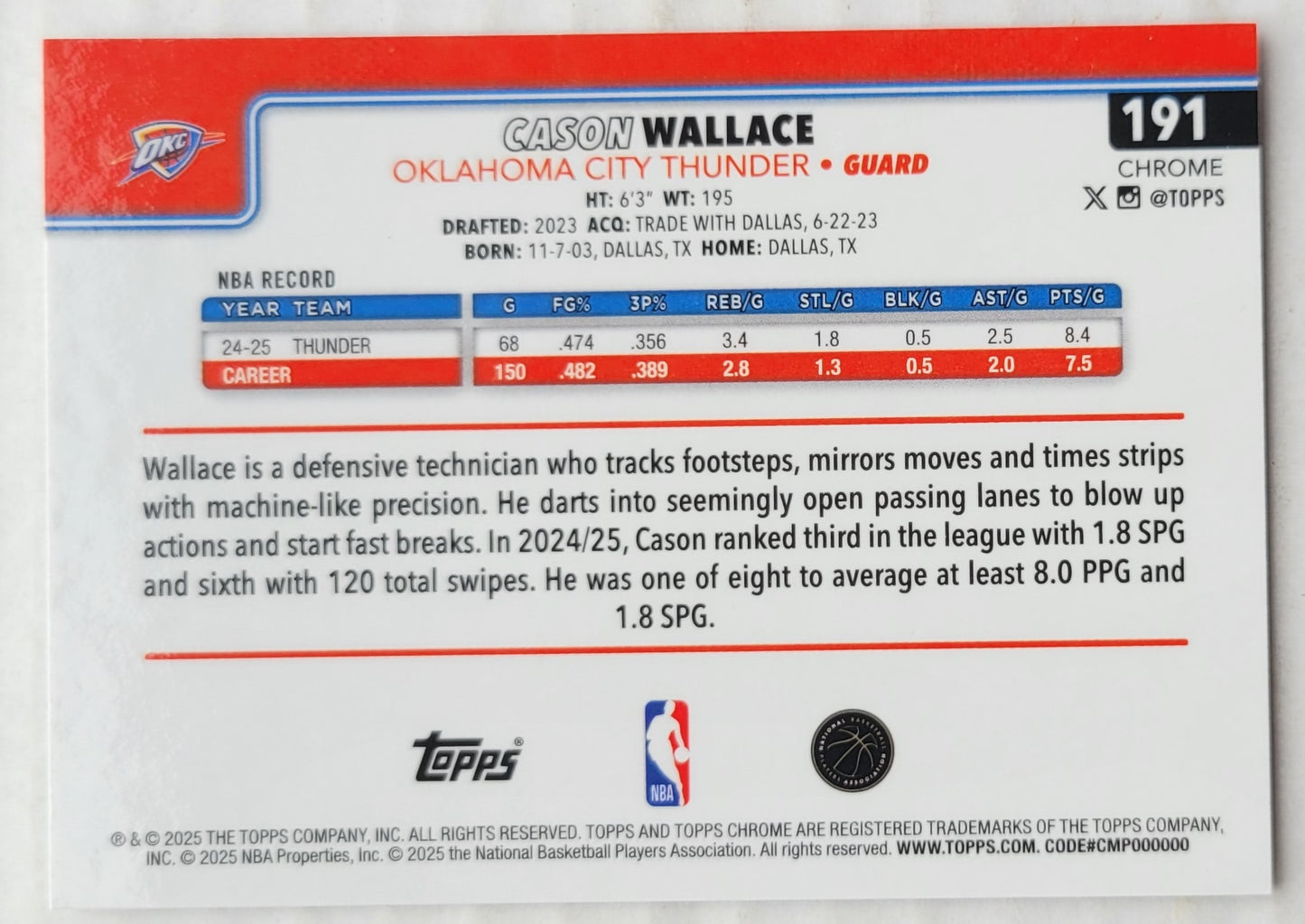 Cason Wallace - 2025-26 Topps Chrome #191