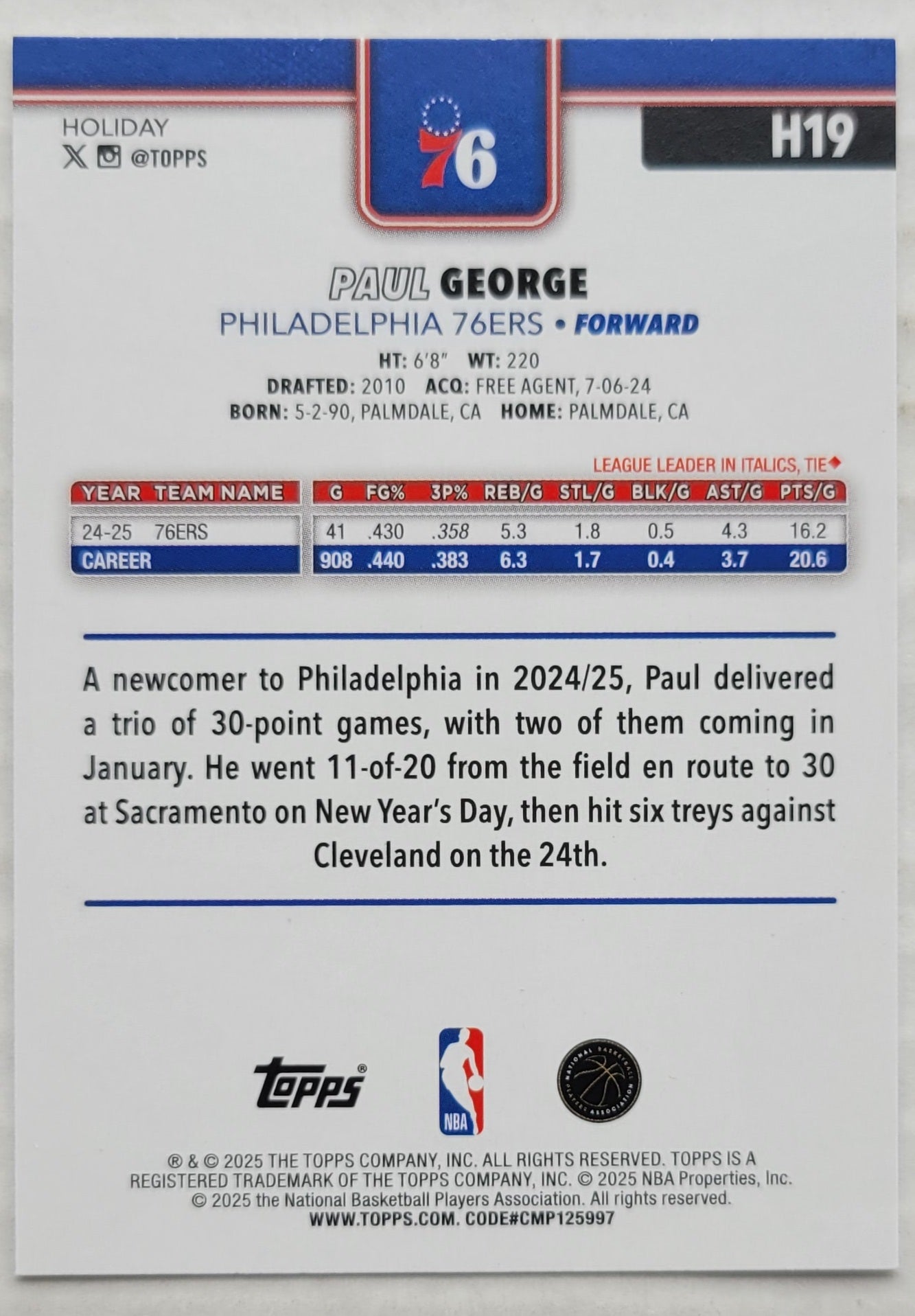 Paul George - 2025-26 Topps Holiday #H19