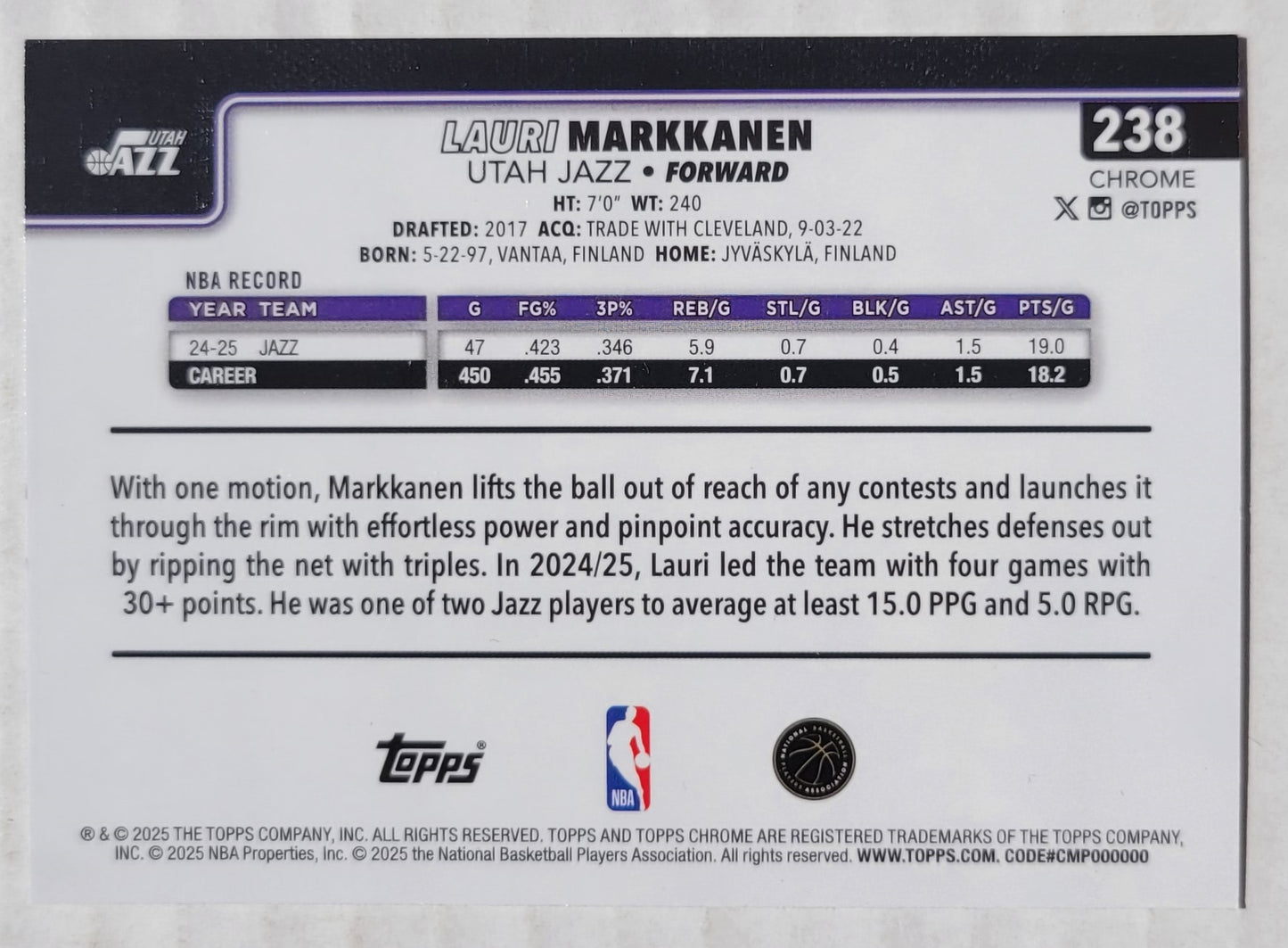Lauri Markkanen - 2025-26 Topps Chrome Pulsar Refractors #238