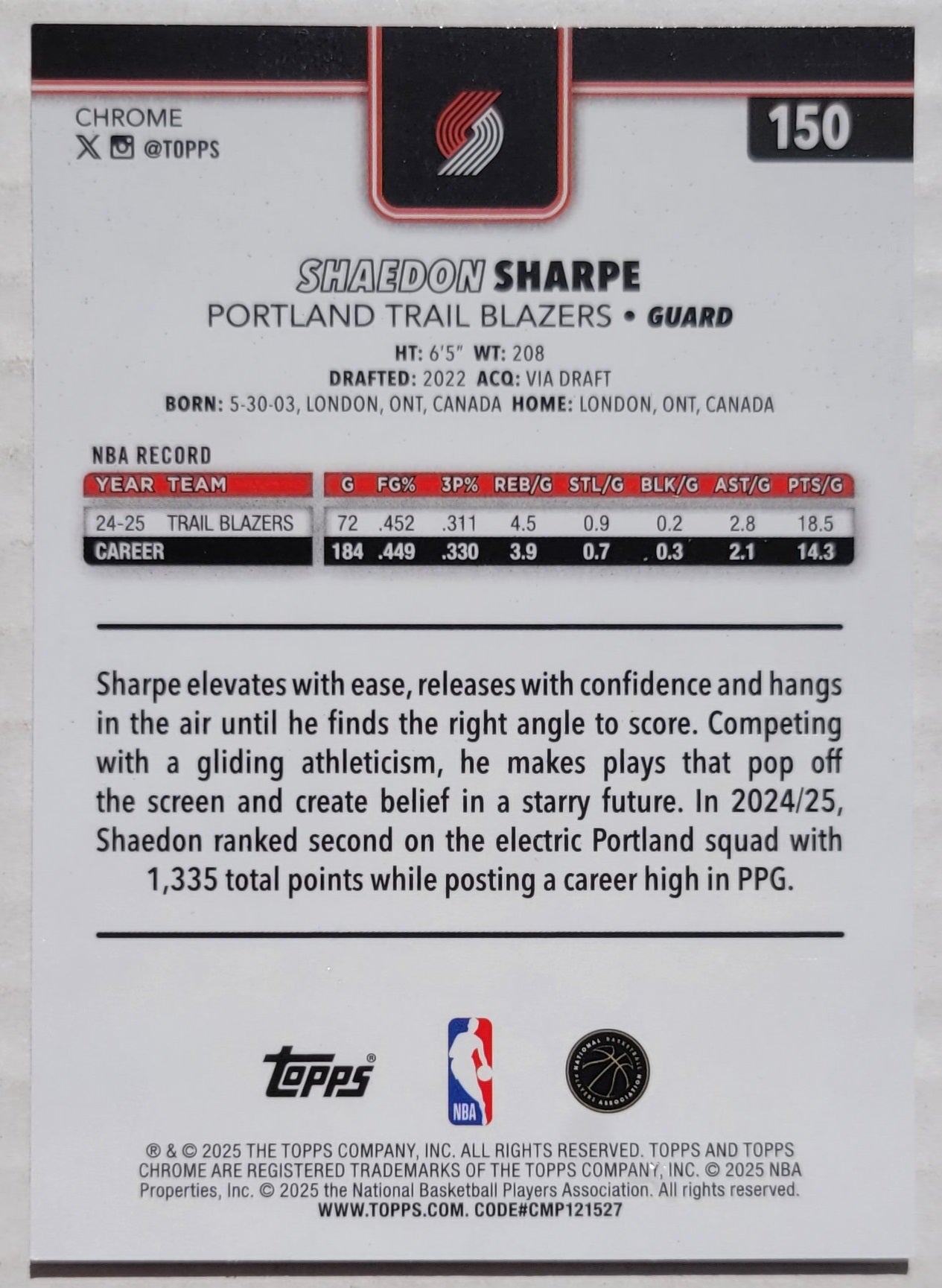 Shaedon Sharpe - 2025-26 Topps Chrome Pulsar Refractors #150