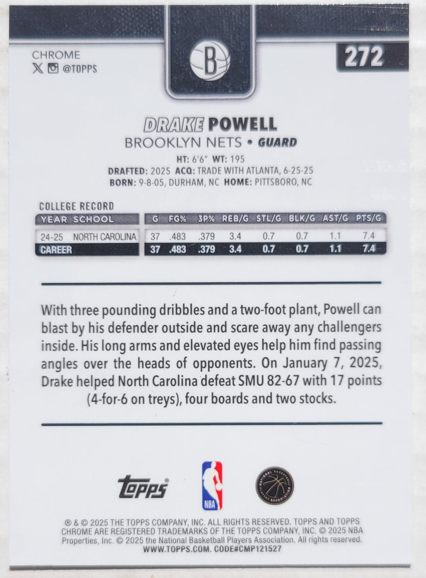 Drake Powell - 2025-26 Topps Chrome X-Fractors #272 RC